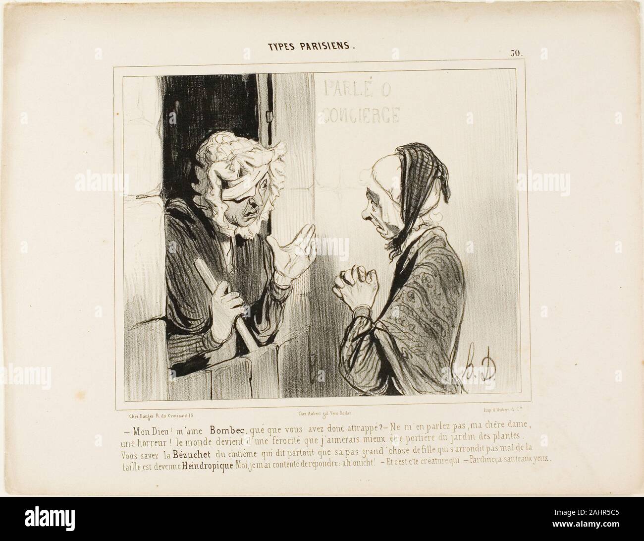 Honoré-Victorin Daumier. - Mein Gott!!! Madame Bombec, was ist mit dir passiert - es nicht erwähnen, mein Lieber, es ist schrecklich. Die Welt wird immer schlechter geht, würde ich lieber Hausmeister im Botanischen Garten! Sie wissen, dass Bézuchet vom fünften Stock, der Eine, der immer darauf besteht, dass Ihre gute-für-nichts-Tochter, die Fett um die Hüften geworden ist..... Ich habe nur geantwortet Ah, gut! - Und das ist die Person, die … - Natürlich, auch ein Blinder sehen können!", Platte 30 von Arten Parisiens. 1840. Frankreich. Lithographie in Schwarz auf Weiß webte Papier Stockfoto