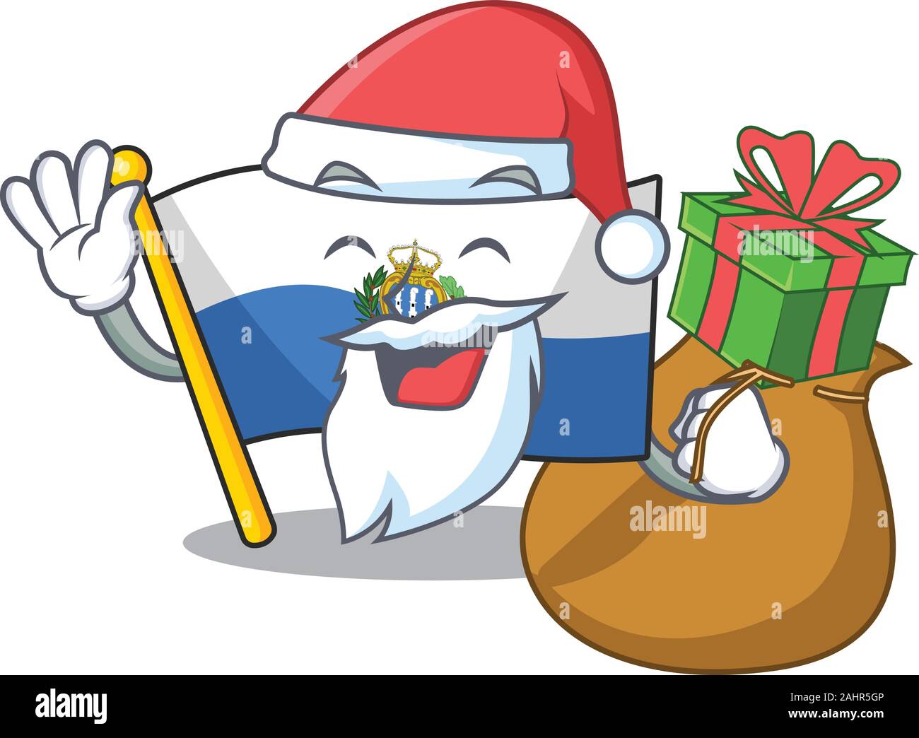 Santa Flagge San Marino Blättern Cartoon Character Design mit Box Geschenk. Stock Vektor