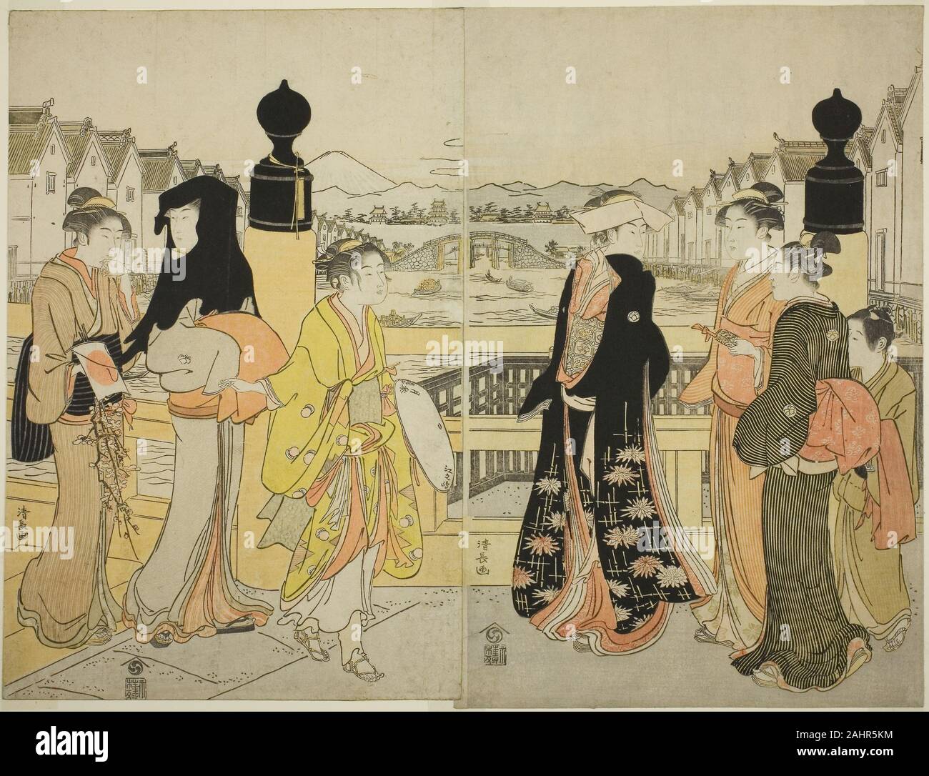 Torii Kiyonaga. Frauen überschreiten Nihonbashi Brücke. 1781 - 1791. Japan. Farbe holzschnitt; Oban Diptychon Stockfoto