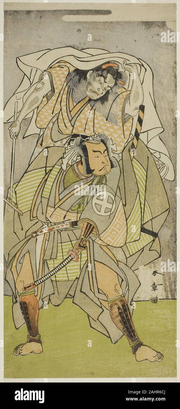 Shunsho Katsukawa. Die Schauspieler Otani Hiroji III als Koga Saburo und Ichimura Uzaemon IX wie der Teufel von Kogakeyama, der Geist der Wakasa keine zenji Yasumura, in der Spielen Kono Hana Yotsugi keine Hachi keine Ki, durchgeführt an der Ichimura Theater im elften Monat, 1771. 1766 - 1776. Japan. Farbe holzschnitt; hosoban Stockfoto