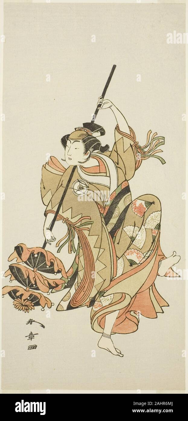 Shunsho Katsukawa. Der Schauspieler Iwai Hanshiro IV in der sangai - gasa (Triple-Umbrella) Tanz Zwischenspiel der Joruri Yukashii wa Miyako kein Naredoko (Sehnsucht nach der eigenen Schlafgemach in der Hauptstadt), von Teil zwei des Spiels Kuni no Hana Ono keine Itsumoji (Blume des Japan Ono ist kein Komachi fünf Zeichen), die sich an den Nakamura Theater vom ersten Tag des elften Monats, 1771 durchgeführt. 1766 - 1776. Japan. Farbe holzschnitt; hosoban Stockfoto