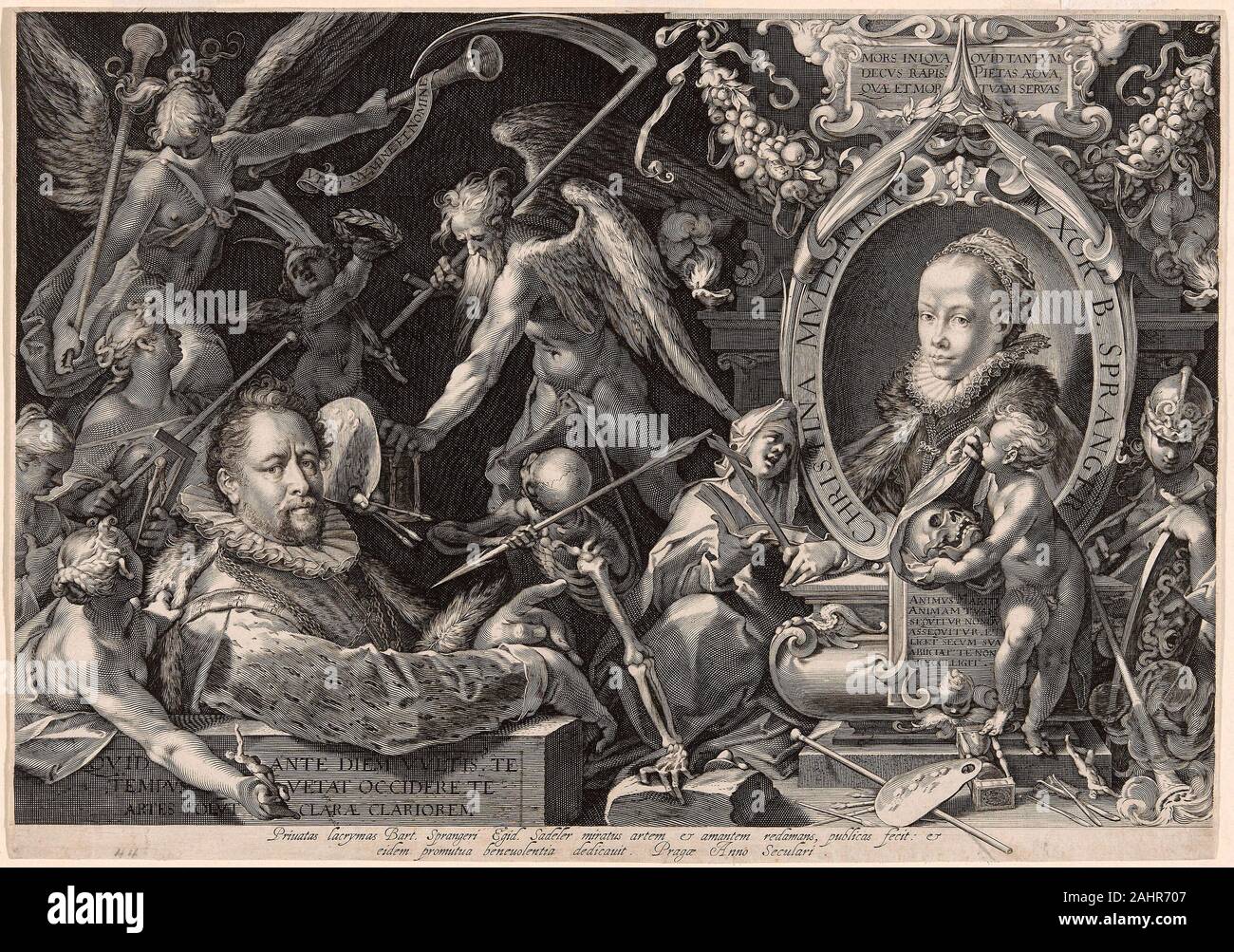Aegidius Sadeler, II. Portrait von Bartolomaeus Spranger mit einer Allegorie des Todes seiner Frau Christina Müller. 1600. Holland. Gravur mit Gravur in Schwarz auf Elfenbein Bütten Aegidius Sadeler zu einem der großen niederländischen Dynastien der reproduktiven Druckgraphiker gehörte. Sadeler ging nach Prag in über 1597 und arbeitete am Hof von Kaiser Rudolph II. Er war so bewundert für sein Porträt Gravur, dass er das Phoenix der Gravur aufgerufen wurde. In diesem komplexen Kombination der Porträtmalerei und Allegorie, zahlte er Hommage an eine moderne manieristischen Künstler, Bartholomaeus Spranger. In deferenc Stockfoto