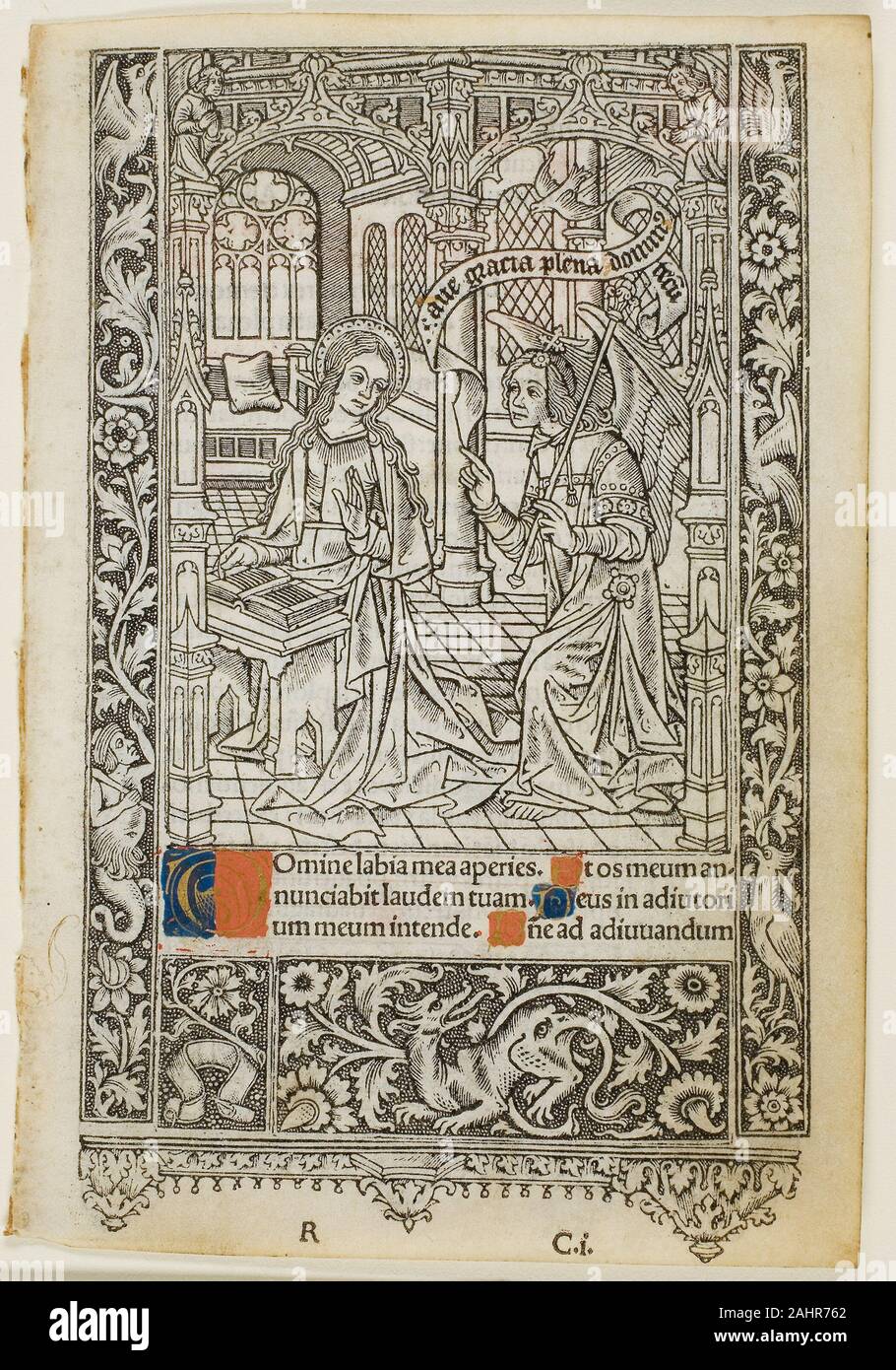 Thielmann Kerver. Verkündigung, aus dem Buch von Stunden. 1497 - 1524. Deutschland. Holzschnitt (oder solf Metall Hinterschnitt) in Schwarz, mit hand-Färbung, auf Pergament Stockfoto