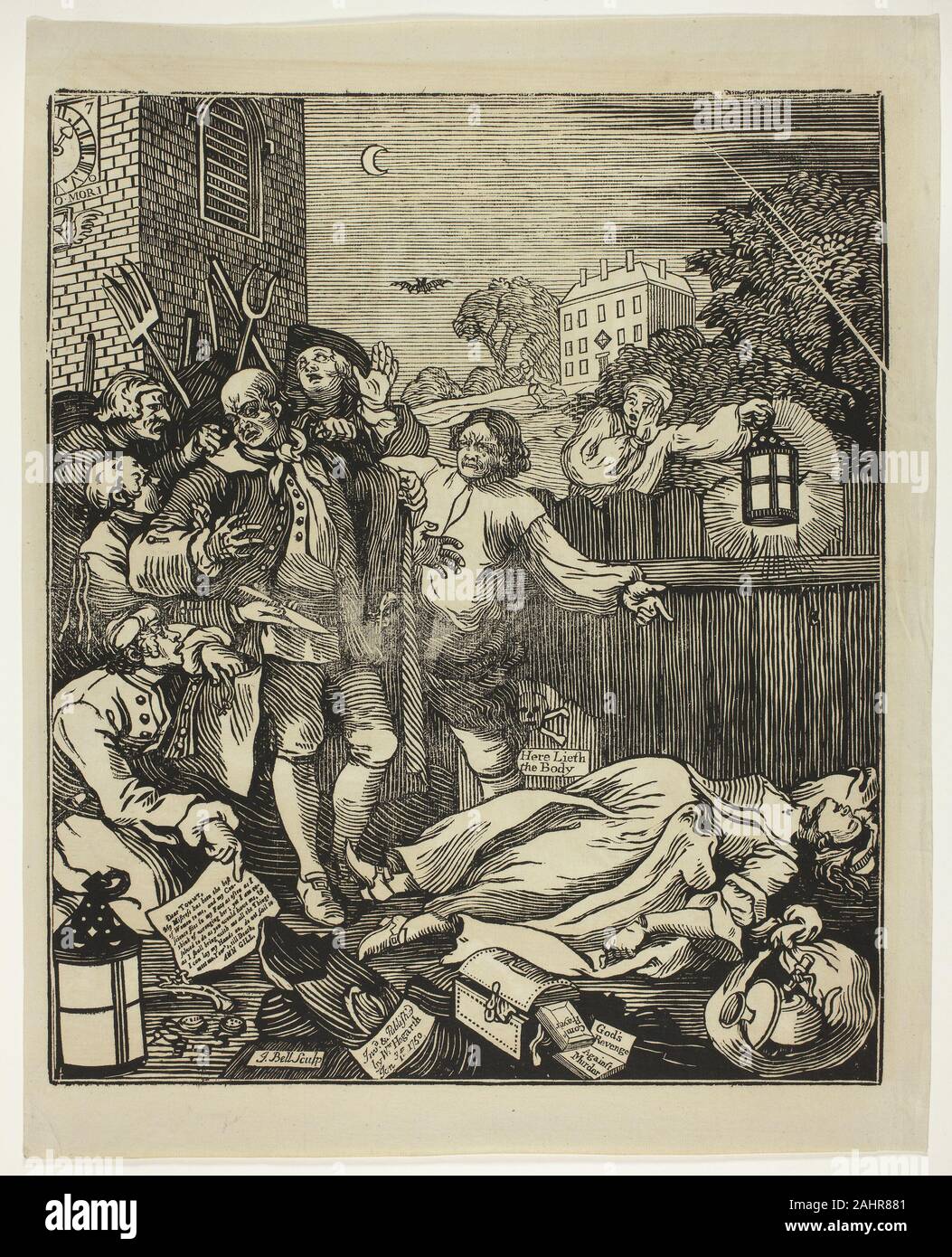 William Hogarth. Grausamkeit in Perfektion. 1750. England. Holzschnitt mit Hochdruck in Schwarz auf Elfenbein Bütten Hogarth häufig einen episodischen Format, das verwendet wird, um den Abstieg in eine unangenehme Charakter in Ausschweifungen darzustellen und den 4-Serie drucken vier Stufen der Grausamkeit verfügt über die meisten sadistischen Bösewicht des Künstlers, Tom Nero. Nach dem Imprägnieren einer Dame maid und überzeugen Sie von ihrer Herrin zu stehlen und weg mit ihm, er Morde ihr. In John Bell's großen holzschnitt nach Hogarth, Nero ist wie der tote Körper seines Geliebten festgenommen wird entdeckt. Stockfoto