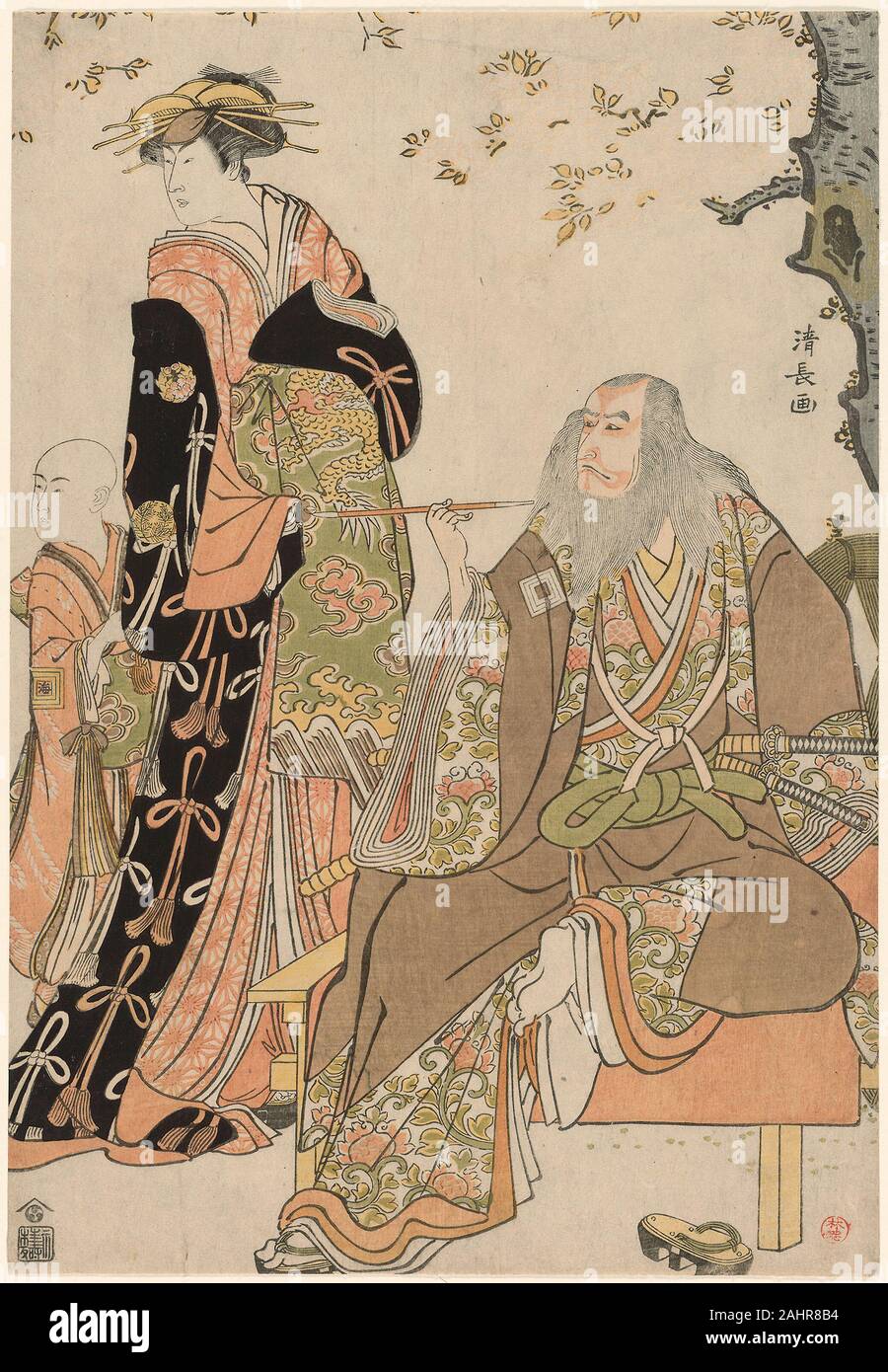 Torii Kiyonaga. Die Schauspieler Ichikawa Danjuro V als Hige keine Ikyu, Nakamura Riko als Agemaki und Ichikawa Ebizo als Agemaki's Attendant im Spielen Sukeroku Yukari keine Edozakura am Nakamura Theater im dritten Monat, 1784. 1779 - 1789. Japan. Farbe holzschnitt; rechts Blatt oban Diptychon Stockfoto