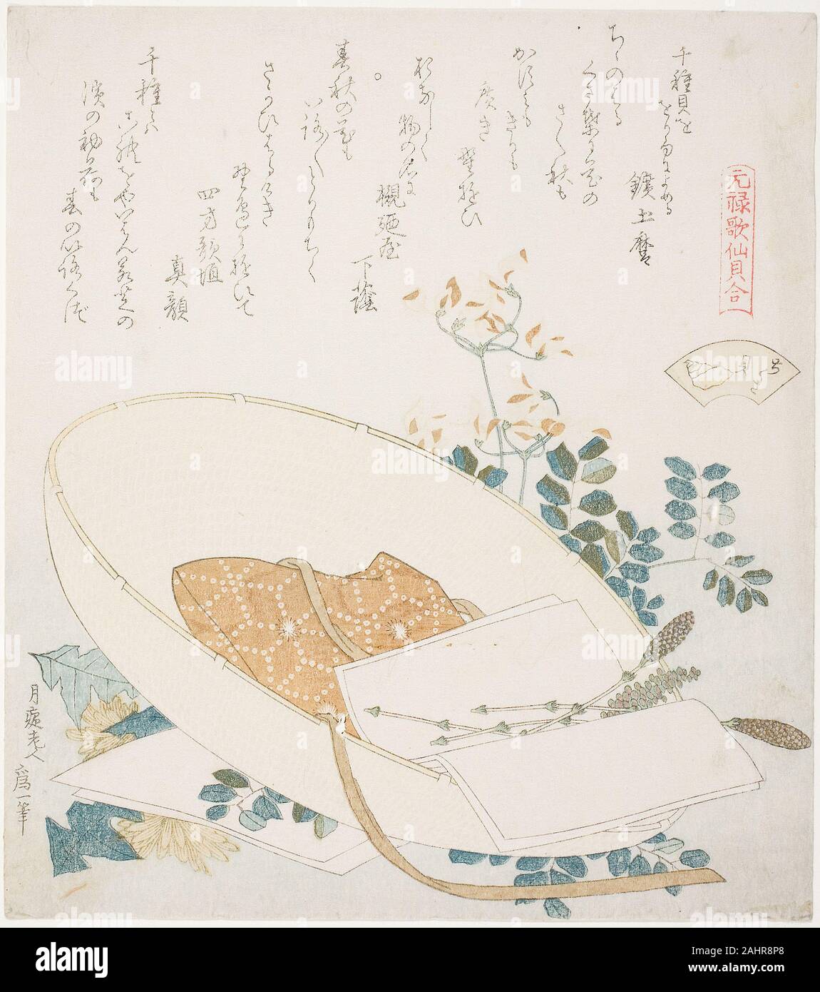 Katsushika Hokusai. Freshly-Picked Blumen in einem Traveler's Hut, Illustration für die Tausend Gräser Shell (Chigusagai), aus der Serie eine passende Spiel mit genroku - Zeitraum Gedicht Shells (Genroku kasen Kai awase). 1816 - 1826. Japan. Farbe holzschnitt mit metallischen Pigmenten; surimono shikishiban Stockfoto