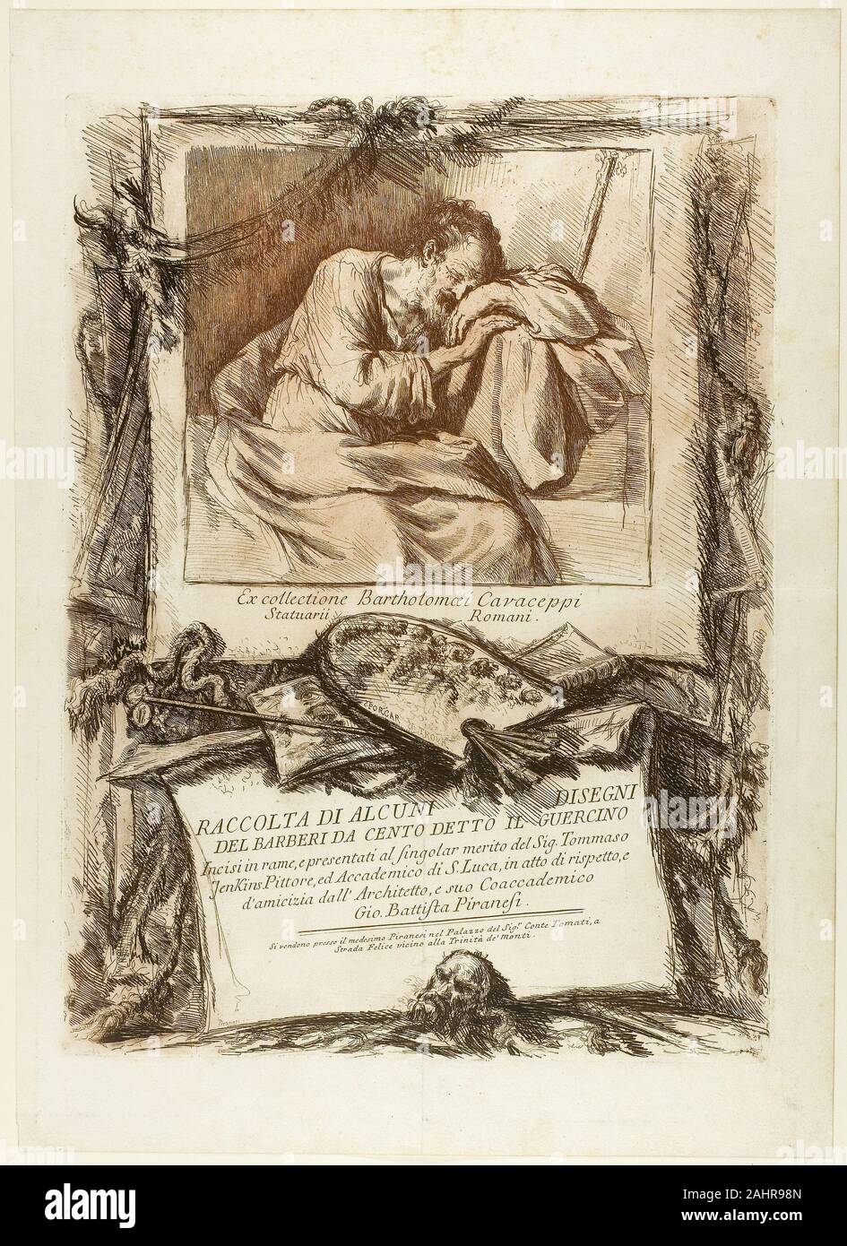 Giovanni Battista Piranesi. Titel Seite Sammlung von mehreren Zeichnungen graviert nach Barbieri da Cento (bekannt als Guercino) auf Kupfer eingraviert und Thomas Jenkins, Maler und Mitglied der Akademie der St. Lukas, aus Respekt und Freundschaft von seinen Kollegen vorgestellt, der Architekt Gio. Battista Piranesi. 1764. Italien. Ätzen in rote und schwarze Tinte auf Elfenbeinfarbenem mit vergoldeten Kanten festgelegt Stockfoto