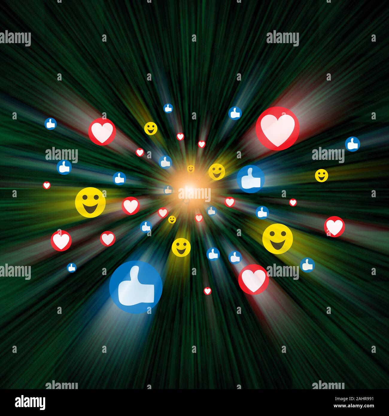 Social Media Emojis Reisen durch grünliche Cyberspace Stockfoto