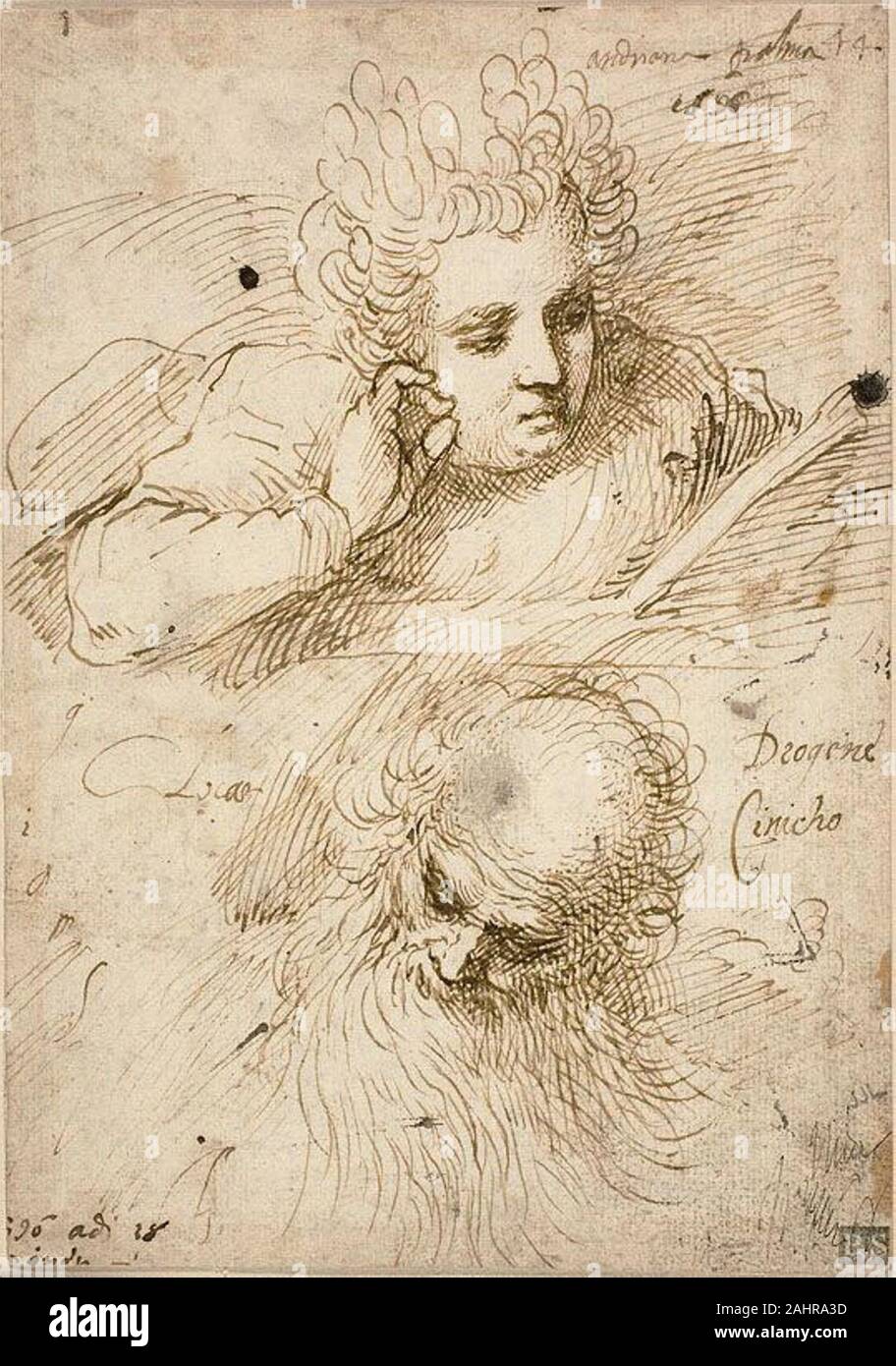 Jacopo Negretti, genannt Palma il Giovane. Andriana Palma und Diogenes der Zyniker. 1596. Italien. Pen und braun Tinte, auf Elfenbein Bütten, unten auf Elfenbein festgelegten Papier Stockfoto