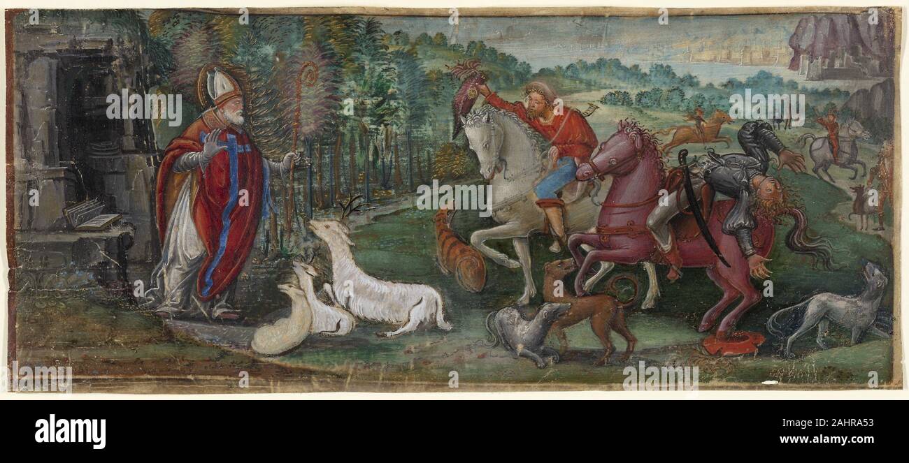 Wunder der Hirsch von Saint Bassiano, von einem Chor buchen. 1500 - 1510. Italien. Opak Aquarell und Shell gold auf Pergament Stockfoto