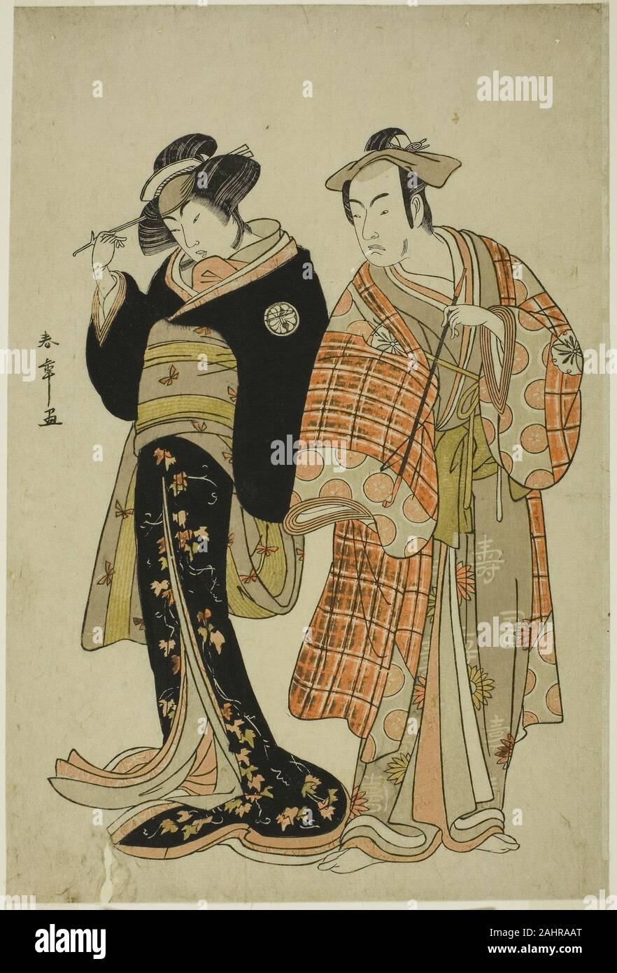 Shunsho Katsukawa. Die Schauspieler Matsumoto Koshiro IV und Segawa Kikunojo III wie die Liebhaber Choemon (rechts) und Ohan (links), die in den All-Inclusive-Szene keine Adanami Michiyuki Segawa (Ein Elopement tückischen Wellen in der seichten Fluss), ein Tanz, Zwischenspiel aus Teil zwei des Spiels Kabuki Bandai Soga no Hana (Blume des Kabuki Die ewige Soga), am Ichimura Theater vom fünfundzwanzigsten Tag des vierten Monats, 1781 durchgeführt. 1776 - 1786. Japan. Farbe holzschnitt; aiban Stockfoto