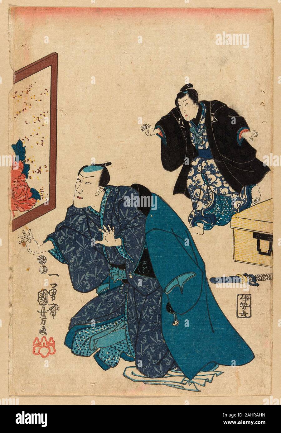 Utagawa Kuniyoshi. Ichikawa Danjuro VII vor einem Bildschirm mit PFINGSTROSEN eingerichtet. 1842 - 1857. Japan. Farbe holzschnitt; zwei Blätter aus oban Triptychon Stockfoto