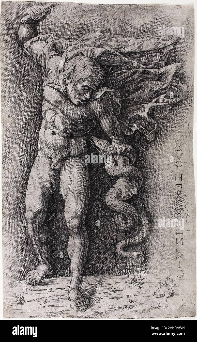 Schule von Andrea Mantegna. Faun Angriff auf eine Schlange. 1495 - 1505. Italien. Gravur in Schwarz auf Elfenbein Bütten Diese Gravur reproduziert eine Feder und Tinte Zeichnung von Andrea Mantegna, jetzt im British Museum bewahrt und auf den Zeitraum 1480/85 datiert. Wegen der Inschrift, die Gegenstand manchmal gekennzeichnet worden, wie Herkules slaying die Hydra, aber die spitzen Ohren der Abbildung kennzeichnen ihn als Faun. Die Inschrift kann tatsächlich siehe Ercole d'Este, Herzog von Ferrara. Stockfoto