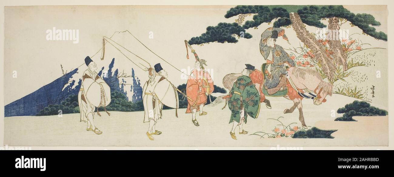 Katsushika Hokusai. Der östliche Weg des berühmten Dichters Ariwara no Narihira. 1801 - 1811. Japan. Farbe holzschnitt; nagaban surimono dieses Bild auf der 9. Szene in Geschichten von Ise basiert. Das Leben in der Hauptstadt unbequem, Kyoto, der Dichter reiste Osten mit einigen Freunden. Sie nahmen einen Fluss mit der Fähre in der Nähe von Mount Fuji und sah eine Herde seltsame Vögel. In Antwort auf Ihre Fragen, der Fährmann antwortete: "Es ist eine Hauptstadt Vogel, natürlich." Anhalten auf der Bank, der Dichter diesen Antrag gestellt, wenn Sie in ihren Namen truthWhat werden, scheint sie zu machen, werde ich es Ihnen, Kapital - Vogel, dieser Fr... Stockfoto