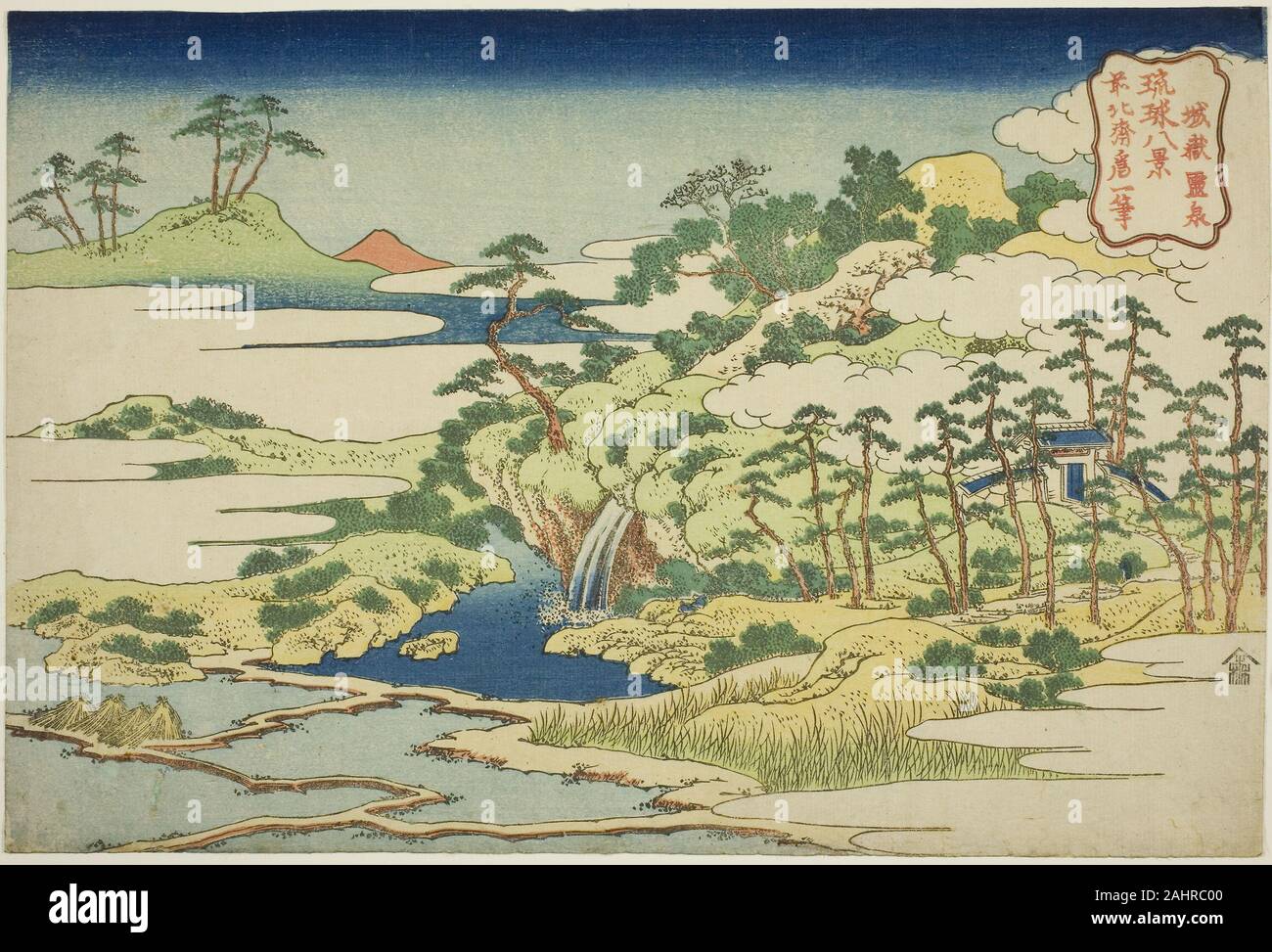 Katsushika Hokusai. Die heilige Quelle auf Festung Berg (Jogaku reisen), aus der serie Acht Ansichten der Ryukyu Inseln (Ryukyu hakkei). 1827 - 1837. Japan. Farbe holzschnitt; Oban Stockfoto