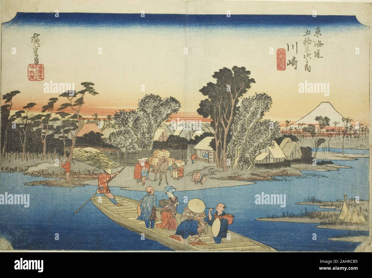 Utagawa Hiroshige. Kawasaki Die Rokugo Fähre (Kawasaki, Rokugo watashibune), aus der serie Dreiundfünfzig Stationen des Tokaido (Tokaido gojusan tsugi no Uchi), auch als Hoeido Tokaido bekannt. 1828 - 1839. Japan. Farbe holzschnitt; Oban Stockfoto