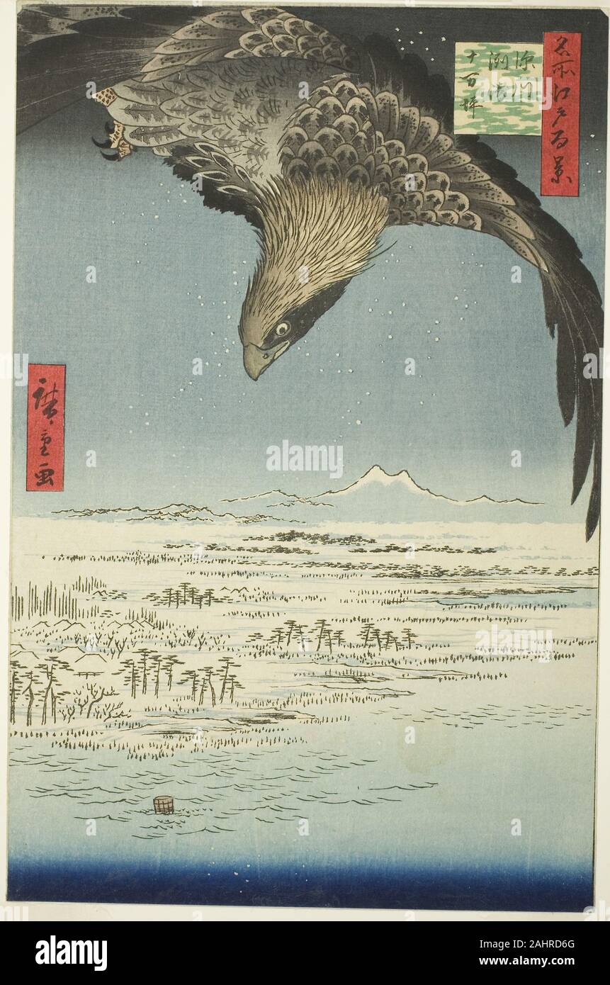 Utagawa Hiroshige. Fukagawa und Jumantsubo Susaki (fukagawa Susaki Jumantsubo), aus der Serie 100 berühmten Ansichten von Edo (Meisho Edo hyakkei). 1857. Japan. Farbe holzschnitt; Oban Stockfoto