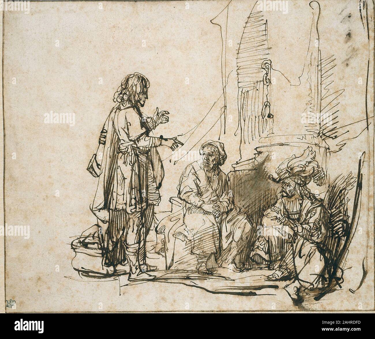 Govaert Flinck. Joseph Interpretation der Gefangenen Träume. 1637 - 1639. Holland. Feder und Tinte, braun mit Pinsel und Braun waschen, auf Elfenbein Bütten diese Zeichnung die dünne, kalligraphische Linie charakteristisch für Rembrandts frühen Zeichnungen veranschaulicht. Es zeigt, dass poignant Moment in der Geschichte des Alten Testaments als Joseph sagte der Bäcker, die er in drei Tagen frei wäre. Besorgt und traurige Gesicht des Bäckers scheint die schlechten Nachrichten Joseph liefern würde - dass er in die gleiche Anzahl von Tagen gehängt werden würde, zu antizipieren. Stockfoto