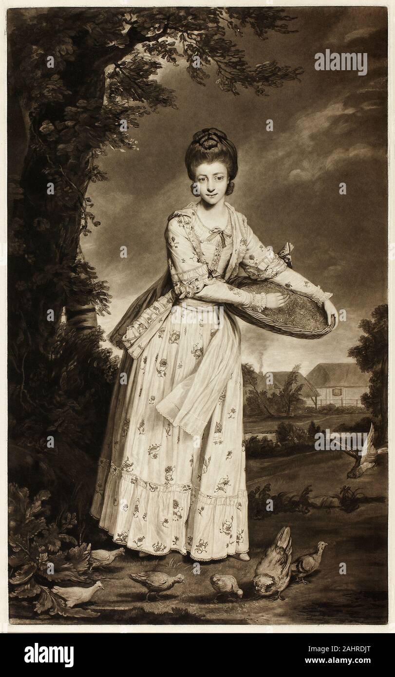 William Dickinson. Frau Pelham, der seine Hühner. 1766 - 1823. England. Schabkunst auf Creme webte Papier gedruckt nach einem Joshua Reynolds Malerei 1770, schabkunst verfügt über die 1 Baronin von Yarborough, Frau Sophia Pelham. Frau Pelham trägt eine workingclass-inspirierte aber dennoch fein bestickt Braunschweig kleiden Sie Ihre Hühner vor einem Bauernhaus. Solche Szenen erinnern an das 18. Jahrhundert Britische Mode für Zierpflanzen landwirtschaftliche Betriebe und Molkereien innerhalb der Elite der Gesellschaft, ähnlich wie Marie Antoinette von Weiler 1783 in Versailles, mit seinen importierten Schweizer Schafe und Kühe. In der Tat, Frau Pelham hatte ihr Stockfoto