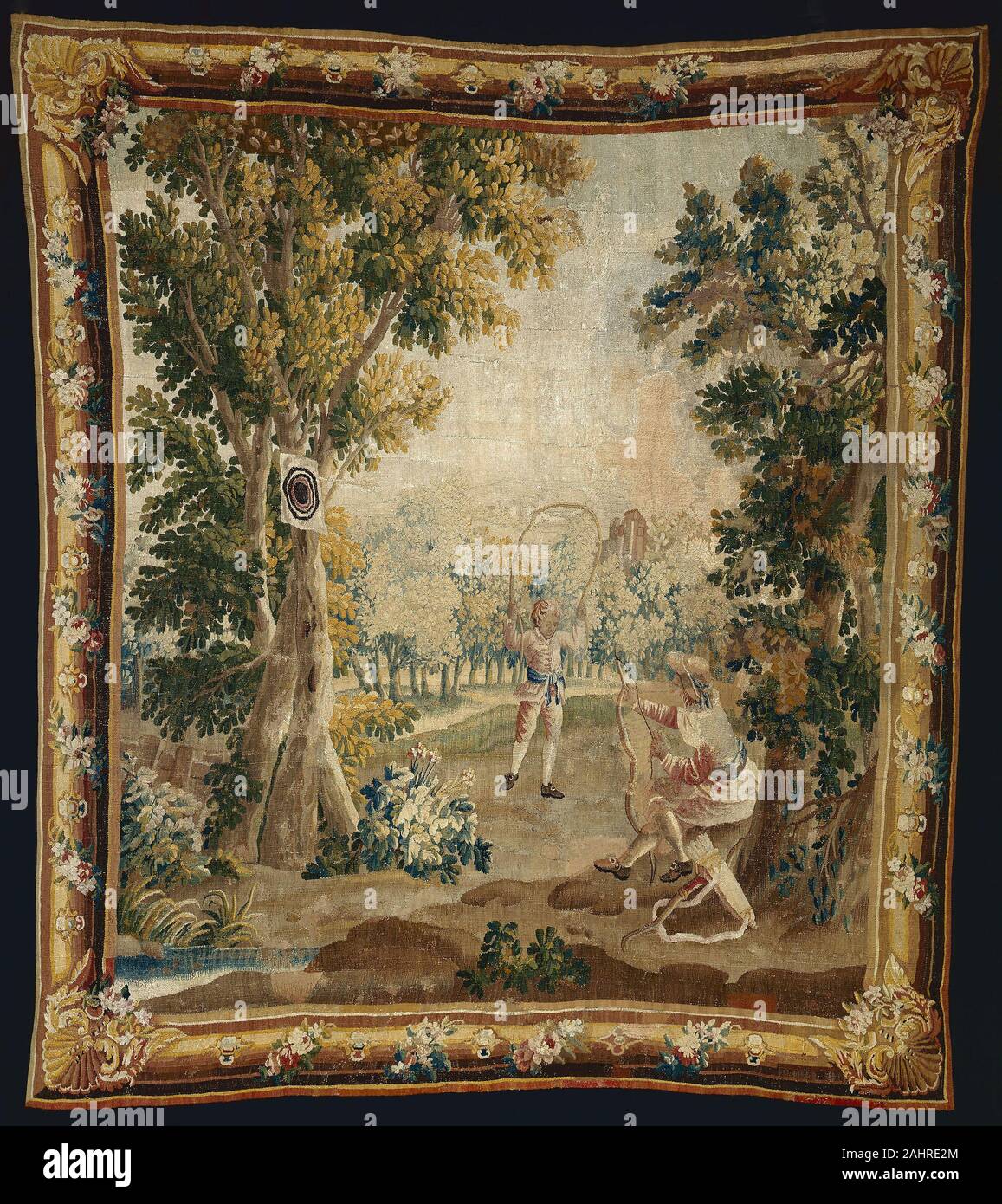 Herstellung Royale d'Aubusson (Hersteller). Bogenschießen von Vergnügungen Champêtres (Land Sport). 1760 - 1800. Aubusson. Wolle und Seide, Schlitz und doppelte Verriegelung Gobelin-webart Stockfoto