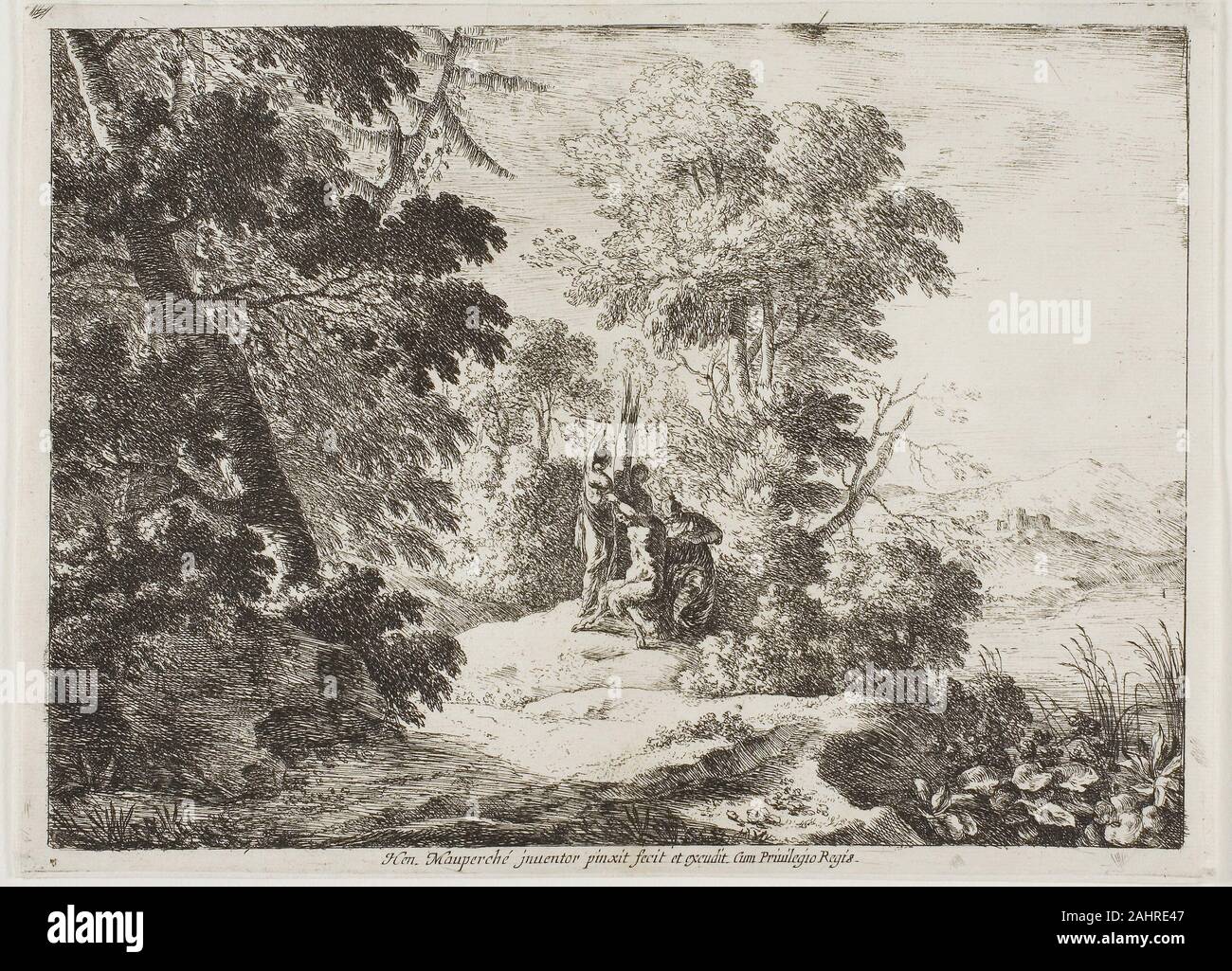 Henri Mauperché. Häutung des Marsyas. 1622-1686. Frankreich. Ätzung auf Elfenbeinfarbenem eine Landschaft Maler und Kupferstecher, Mauperché war ein Schüler von Louis de Boullogne der älteste und einer der Gründer der Royal Academy. Beeinflusst von der flämischen und holländischen Künstlern sowie von Claude Lorrain, er produzierte eine wichtige grafische Oeuvre von mehr als fünfzig Drucke, fast alle seine eigene Erfindung. Stockfoto