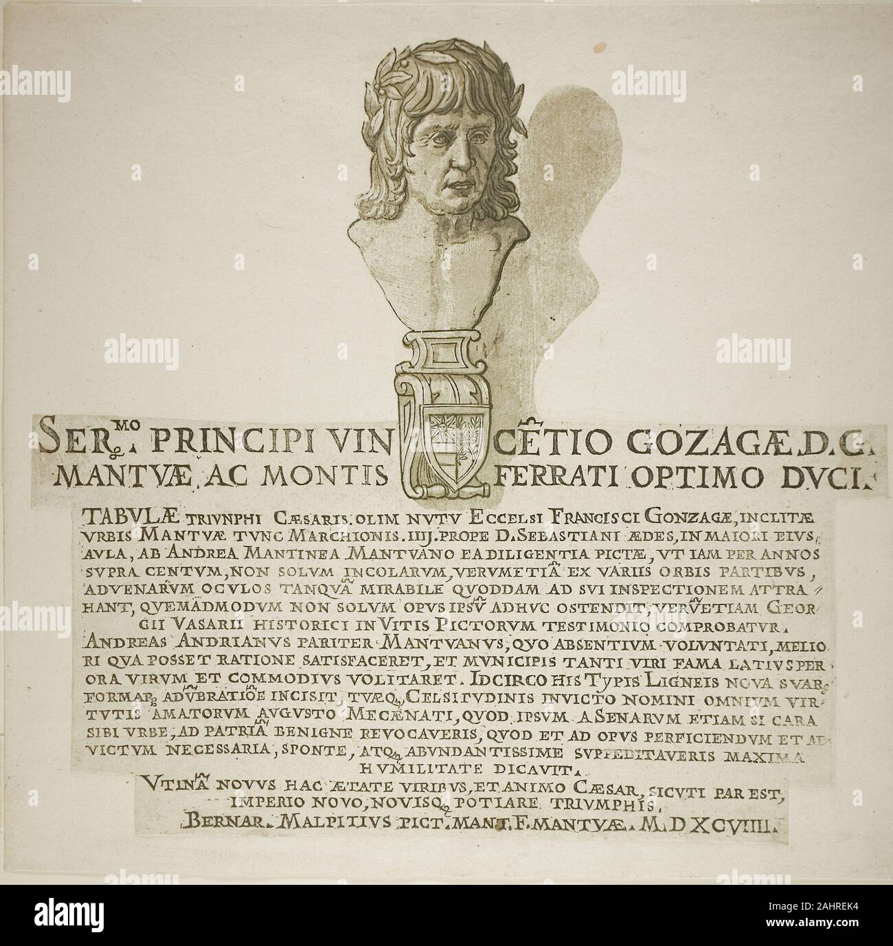 Andrea Andreani. Triumph von Caesar. 1599. Italien. Chiaroscuro Holzschnitt aus vier Blocks in Schwarz und Hell mittel und dunkel grünlich grau auf weißem Papier, legte auf Elfenbein Bütten Andrea Mantegna malte die Triumphe von Julius Caesar zwischen 1484 und 1494 für die Gonzaga in Mantua. Sie wurden in einer Reihe von grisaille Gemälde von Francesco Malpizzi kopiert. 1599, Andrea Andreani, einem kompletten Satz von Hell-dunkel-holzschnitten nach diesen grisailles. Stockfoto