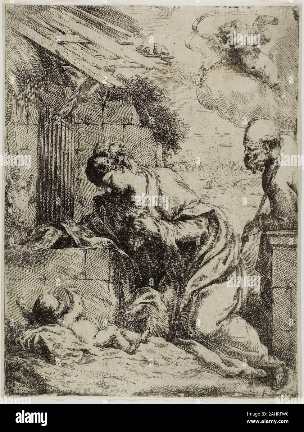 Bartolomeo Biscaino. Die Jungfrau anzubeten, das Jesuskind. 1655. Italien. Radierung auf Papier Bartolomeo Biscaino war ein Genueser Maler und Grafiker Drafts-man, beeinflusst von Giovanni Benedetto Castiglione, Guido Reni. Der Künstler machte weniger als 40 Abzüge vor seinem frühen Tod durch die Pest. Stockfoto