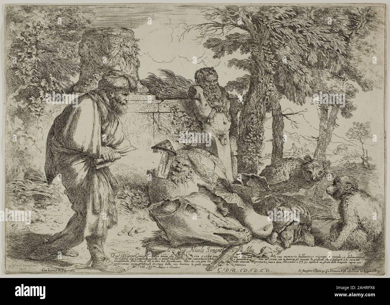 Giovanni Benedetto Castiglione. Diogenes auf der Suche nach einem ehrlichen Menschen. 1645 - 1647. Italien. Ätzung auf Creme Bütten Diogenes der Zyniker, ein Zeitgenosse von Plato, ist berühmt dafür, ein ausgesprochener und umstrittenen Kritiker des Übereinkommens. In der Überzeugung, dass Tugend war besser durch Maßnahmen ergab als Theorie, behielt er einen asketischen Lebensstil während bewusst nicht gegen was er fand, irrationale gesellschaftliche Bräuche zu sein. In dieser Radierung, Giovanni Benedetto Castiglione zeigte Diogenes suche Lampenlicht, tagsüber, für eine vernünftige Menschen. Statt einen Mann finden, der shoeless Philosoph Stockfoto