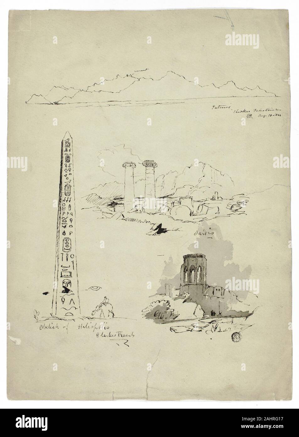 Unbekannter Künstler. Skizzen von Patmos, Sardes, Obelisk von Heliopolis. 1800 - 1899. Vereinigtes Königreich. Pen und Schwarz, mit Pinsel in Grau waschen, grüne webte Papier Stockfoto