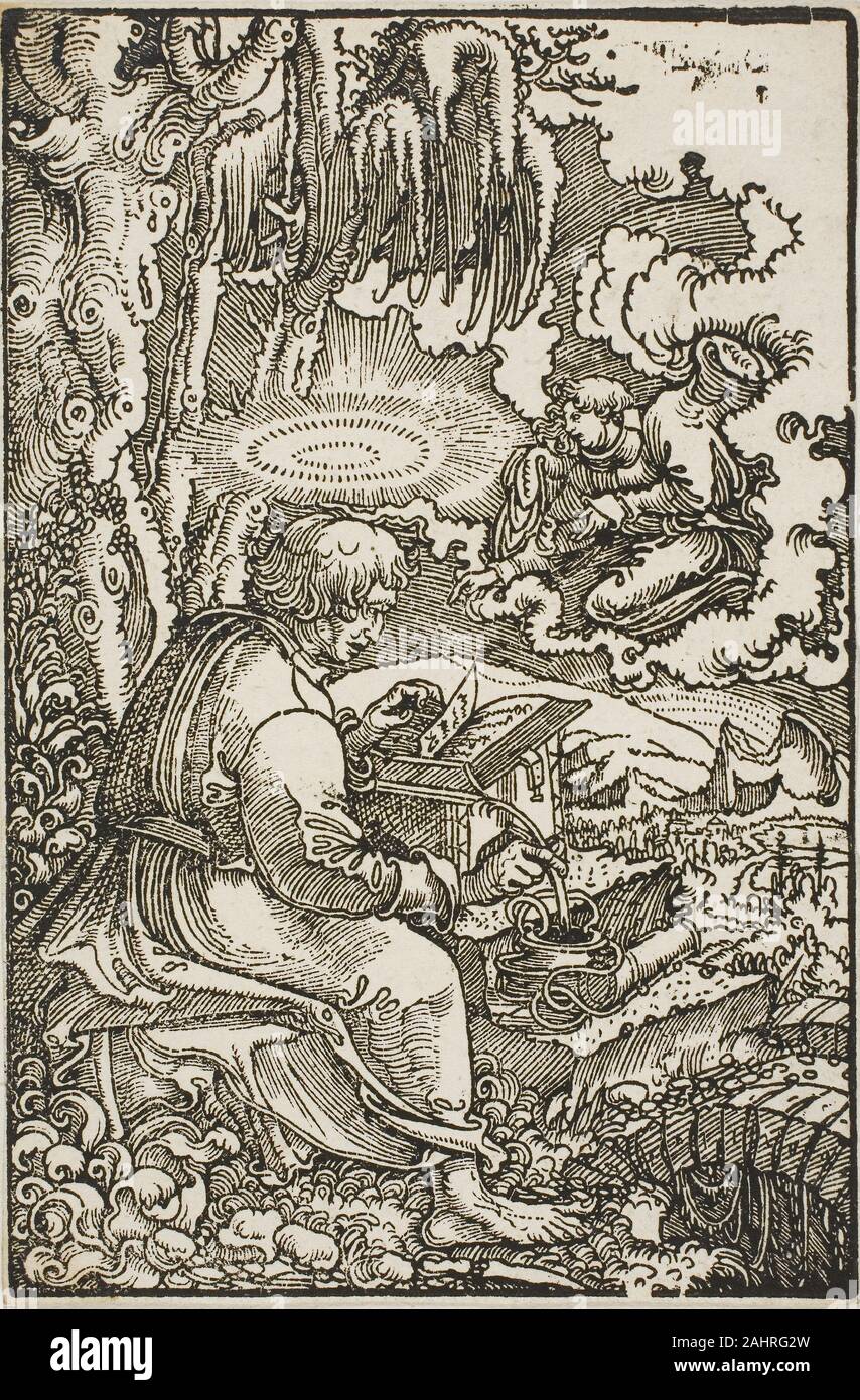 Georg Lemberger. St. Matthäus, aus der Luther Bibel. 1501 - 1600. Deutschland. Holzschnitt in Schwarz auf Elfenbein Bütten Lemberger mit Albrecht Altdorfer, ein prominentes Mitglied der Donau Schule studiert; dieser Nachweis Eindruck eines Buches Abbildung aus dem ersten Teil von Martin Luthers deutscher Übersetzung des Neuen Testaments hält sich an den Stil der Schule von Wild und verdrehte Bäume, dramatische Auswirkungen von Sonnenlicht und visionären Wolken. Die saint hell Halo schwebt über seinen Kopf, als er geflissentlich sein Evangelium in einem großen Tome einschreibt, während eine Telefonzentrale Engel aus dem Wolkenbruch. Und doch ist der natürliche Stockfoto