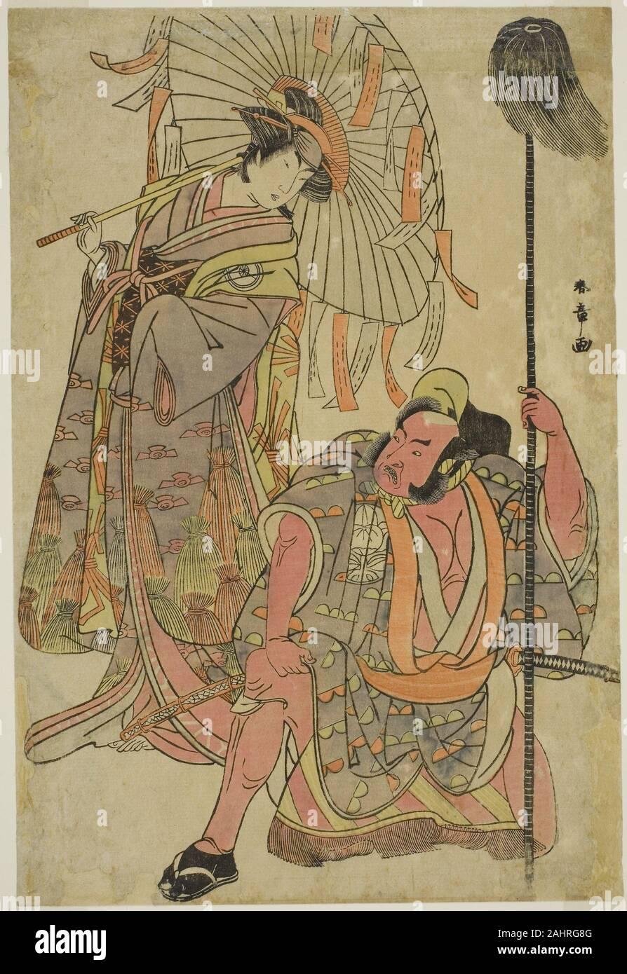 Shunsho Katsukawa. Die Schauspieler Ichimura Uzaemon IX Hata kein Daizen Taketora getarnt als die Yakko Matahei (rechts), und Iwai Hanshiro IV als Umegae als Poem-Diviner Omatsu (links), in der Spielen Mukashi Otoko Yuki keine Hinagata, durchgeführt an der Ichimura Theater im elften Monat, 1781 verkleidet. 1776 - 1786. Japan. Farbe holzschnitt; aiban Stockfoto