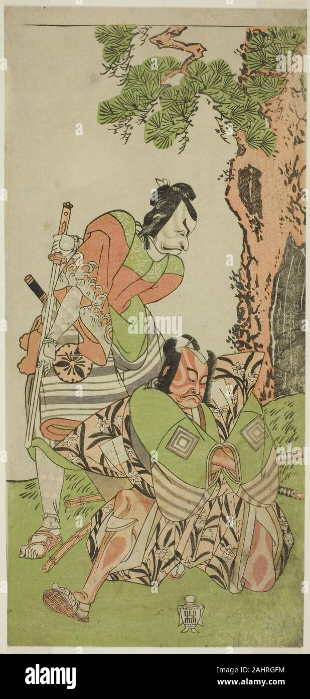 Shunsho Katsukawa. Die Schauspieler Ichikawa Danzo III da ich keine hayata Tadazumi (rechts), und Matsumoto Koshiro II als Osada keine Taro Kagemune als Yatsurugi Zaemon (links), in der Spielen Nue no Mori Ichiyo keine Mato, durchgeführt an der Nakamura Theater im elften Monat, 1770 verkleidet. 1765 - 1775. Japan. Farbe holzschnitt; hosoban Stockfoto