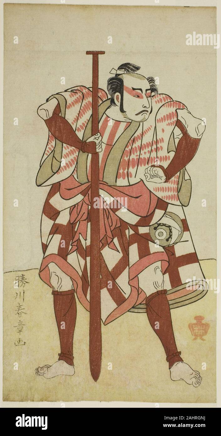 Shunsho Katsukawa. Der Schauspieler Kasaya Matakuro II als Fährmann Rokuzo in einem Unbekannten spielen, durchgeführt an der Morita Theater im fünften Monat, 1770. 1767 - 1777. Japan. Farbe holzschnitt; hosoban; Abbildung aus der späteren Ausgabe des Buches Ehon Butai Ogi Stockfoto