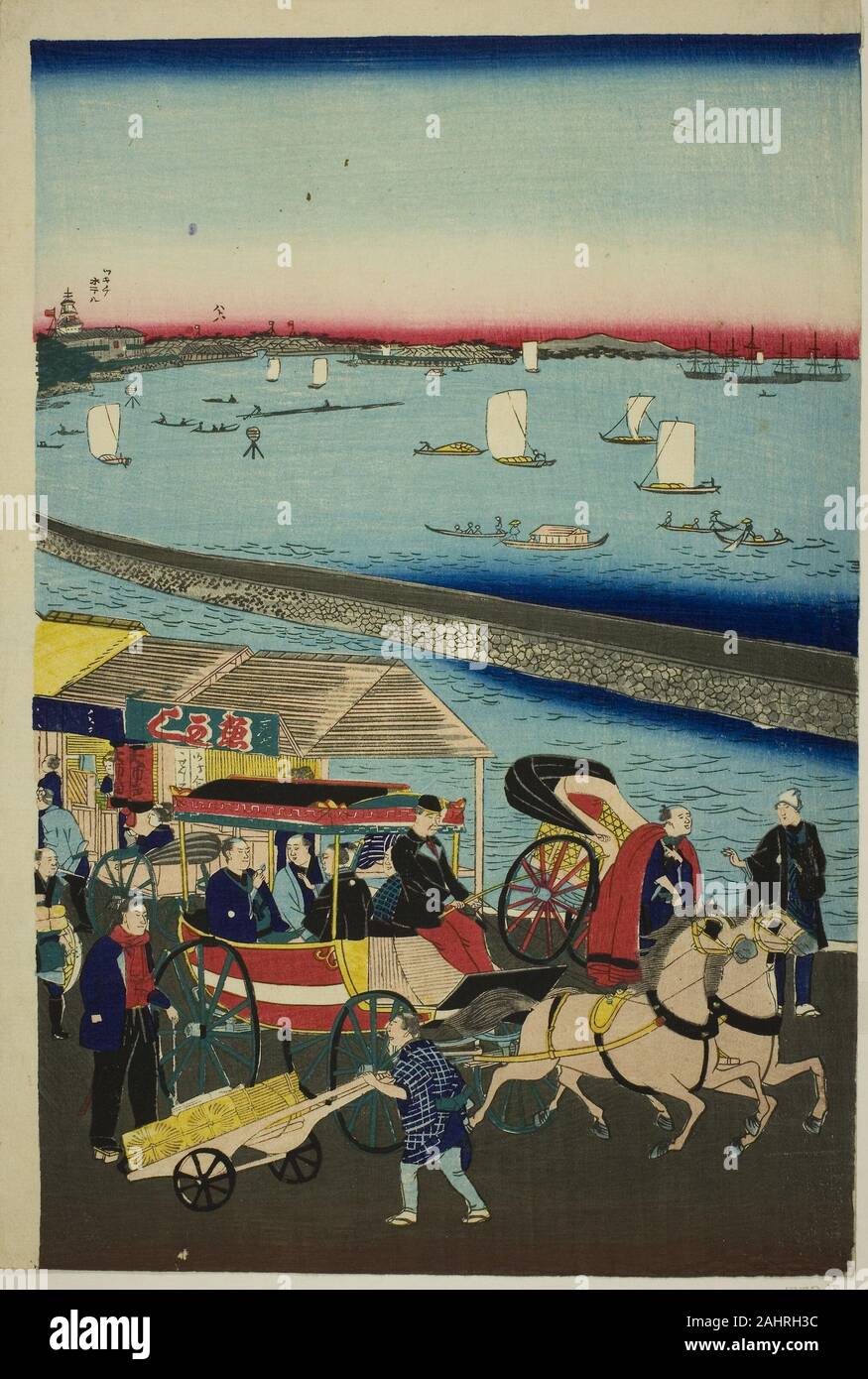 Utagawa Hiroshige III. Bild der Dampfmaschine Eisenbahn in Yatsuyama, Tokyo (Tokyo Yatsuyama shita kaigan jokisha tetsudo nicht zu). 1866 - 1876. Japan. Farbe holzschnitt; Oban Triptychon Stockfoto