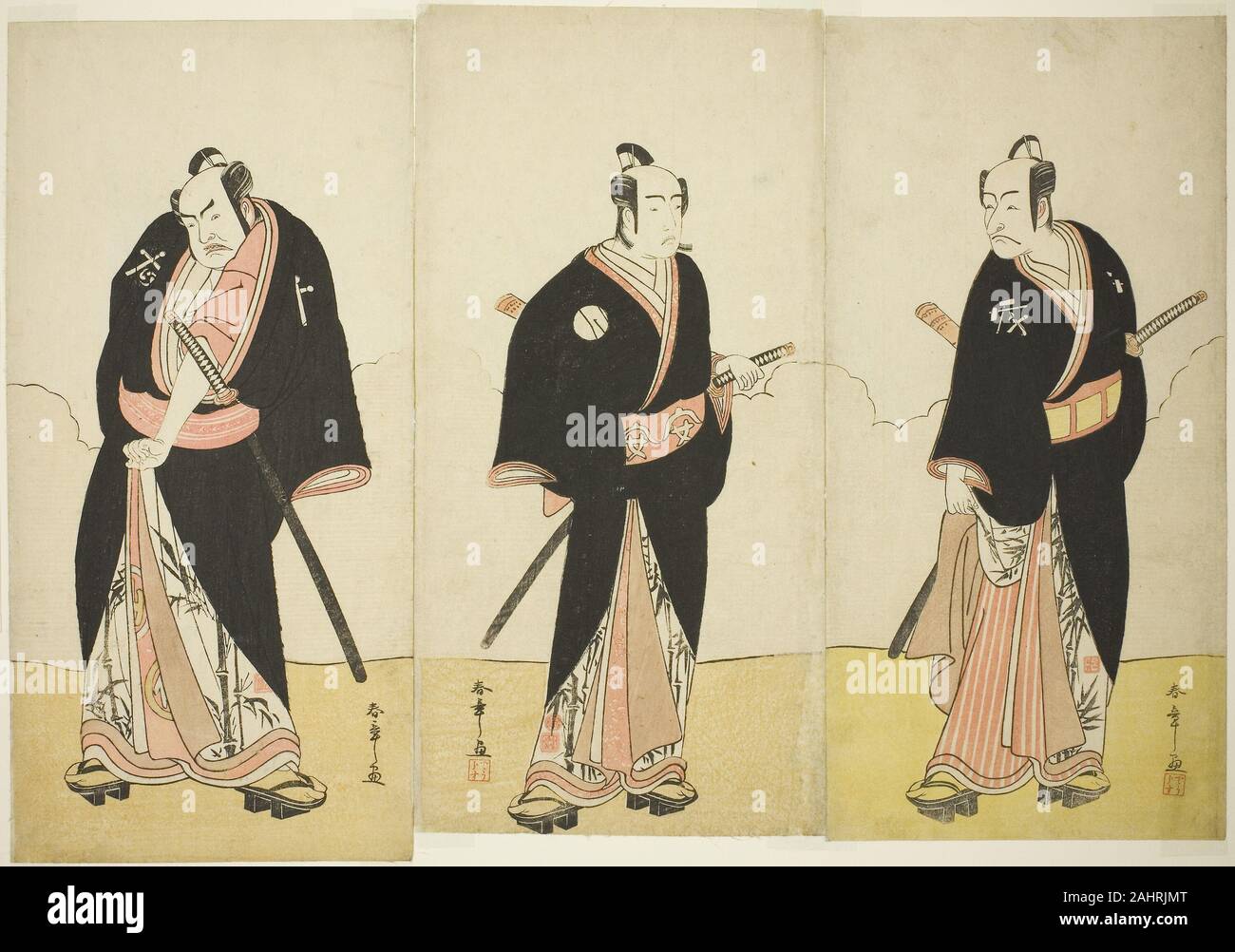 Shunsho Katsukawa. Die Schauspieler Ichikawa Danjuro V als Gokuin Sen'Ämon (rechts), Mitsugoro bando ich Als keine heibei (Mitte) und Nakamura Sukegoro II als Kaminari Shokuro (links), in der Spielen Hatsumombi Kuruwa Soga, durchgeführt an der Nakamura Theater im zweiten Monat, 1780. 1775 - 1785. Japan. Farbe holzschnitt; hosoban; drei Blätter mit pentaptych Stockfoto