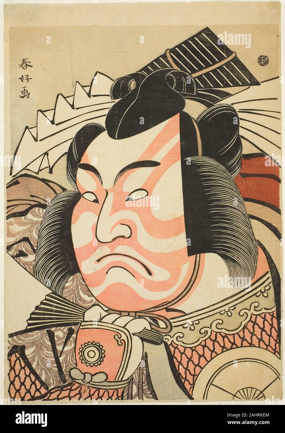 Katsukawa Shun'ei. Großer Kopf, Portrait (Okubi-e) Der Schauspieler Iwai Hanshiro IV als Akita Jonosuke Shibaraku Yoshikage in einer Rolle, von den Spielen Mieiko Nori keine Hachi no Ki (Erinnerungsservice für St. Nichiren ein Modell der Topfpflanzen), am Kawarazaki Theater im elften Monat, 1791 durchgeführt. 1786 - 1796. Japan. Farbe holzschnitt; aiban Stockfoto