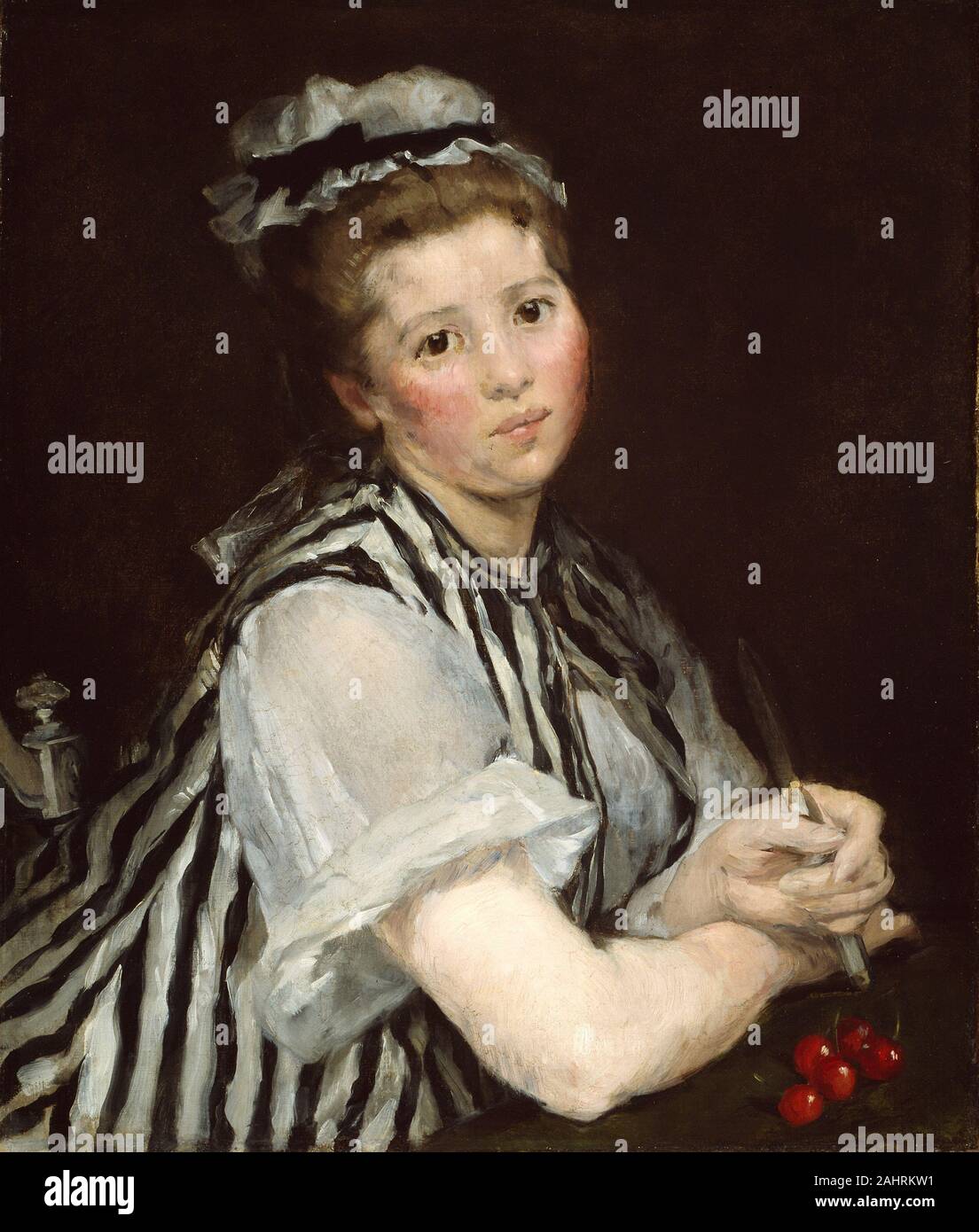 Eva Gonzalès. Mädchen mit Kirschen. 1865 - 1875. Frankreich. Öl auf Leinwand der Tochter einer wohlhabenden und gebildeten Familie, Eva Gonzalès Édouard Manet war die erste und einzige offizielle Schüler. Mädchen mit Kirschen, die einen frei gemalten Bild dramatisch ausgeleuchteten gegen einen dunklen Hintergrund, zeigt eine klare Schuld zu zeitgenössischen spanischen Manets Stil arbeitet. Das Model trägt die Rüschen Bettwäsche Gap und Lose, gestreiften Kleid aus dem 18. Jahrhundert Magd - eine Besetzung, die durch Ihre aufgerollten Ärmel vorgeschlagen. Stockfoto