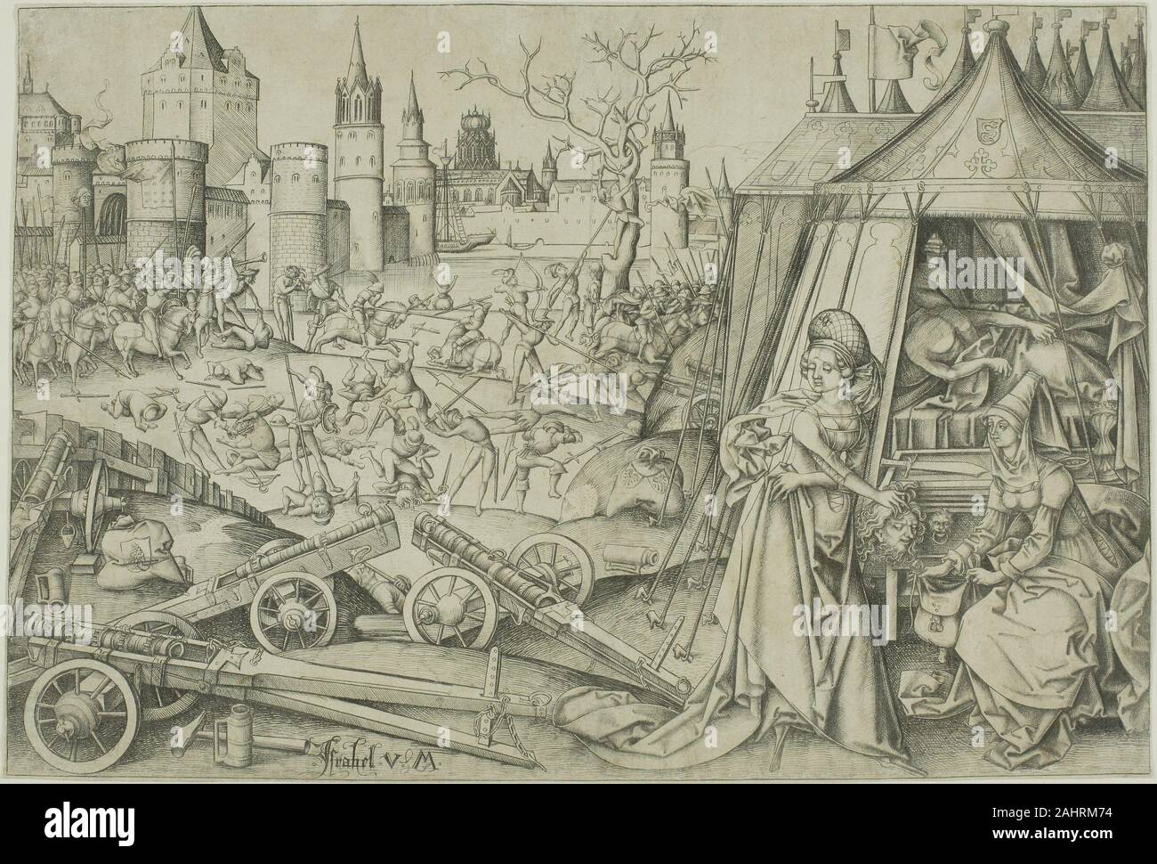 Israhel van Meckenem, der Jüngere. Judith. 1490 - 1500. Deutschland. Gravur auf Elfenbein bütten Die biblische Heldin Judith, die Hebräer aus Assyrischen Unterdrückung durch Verführung der General Holofernes und ihn Enthaupten in seinem betrunkenen Stupor befreit. Hier Israhel van Meckenem Judith Füllung des Holofernes den Kopf in die Tasche ihrer Magd dargestellt, während im Hintergrund eine Schlacht tobt. Van Meckenem die Darstellung des grausamen Akt ist selbstverständlich. Während die Enthaupteten Körper sichtbar bleibt, das Schwert ist sauber und frei von Blut. Stockfoto