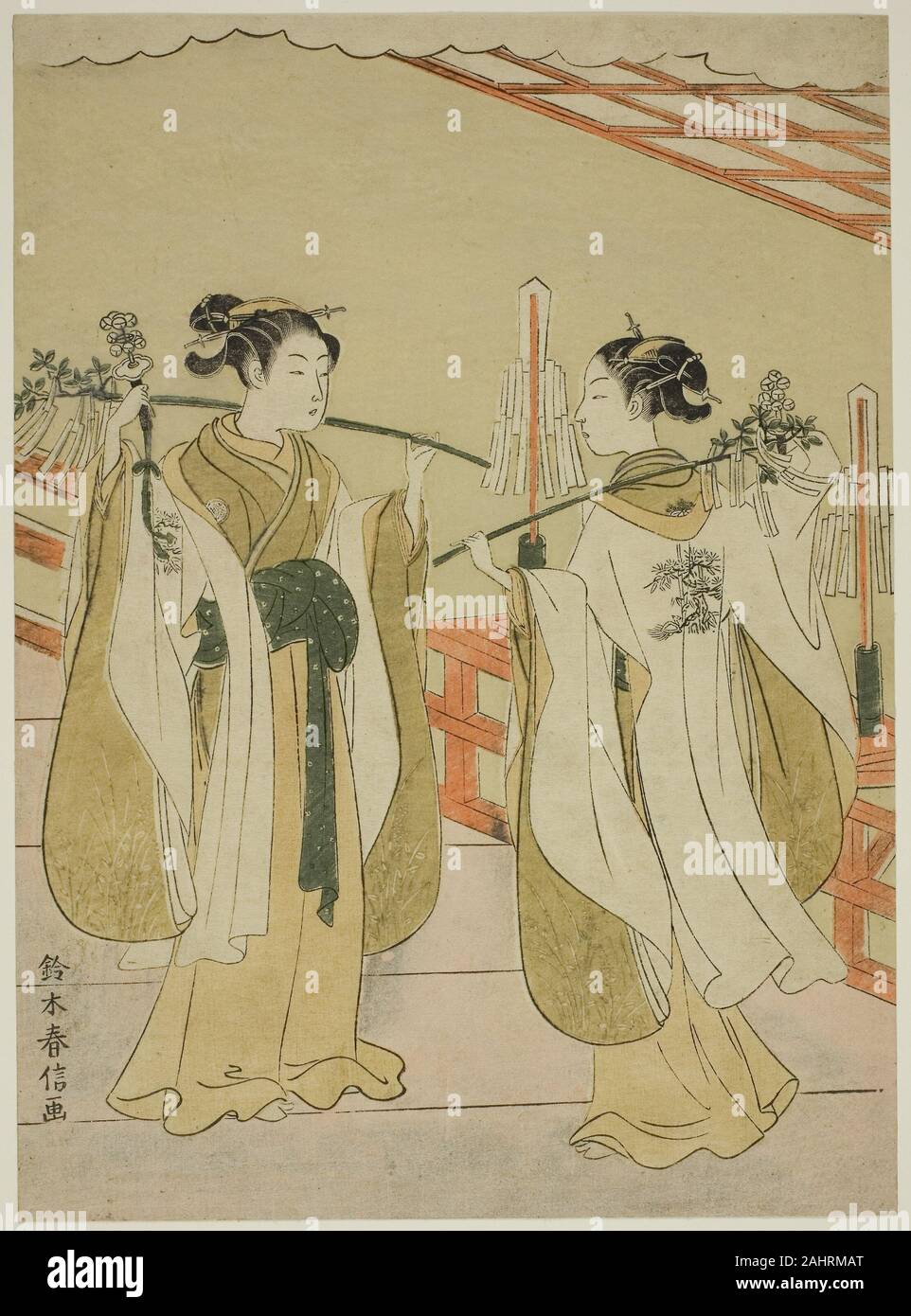 Suzuki Harunobu. Schrein Dirnen Onami und Ohatsu Tanzen auf dem Yushima-hügel Tenjin Schrein. 1764 - 1770. Japan. Farbe holzschnitt; chuban Stockfoto