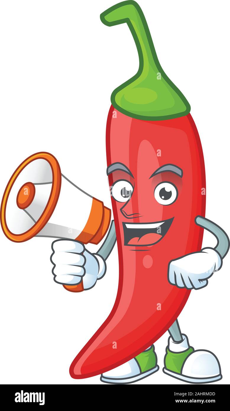 Lächelnd cartoon Charakter der roten Chili mit Megafon Stock Vektor