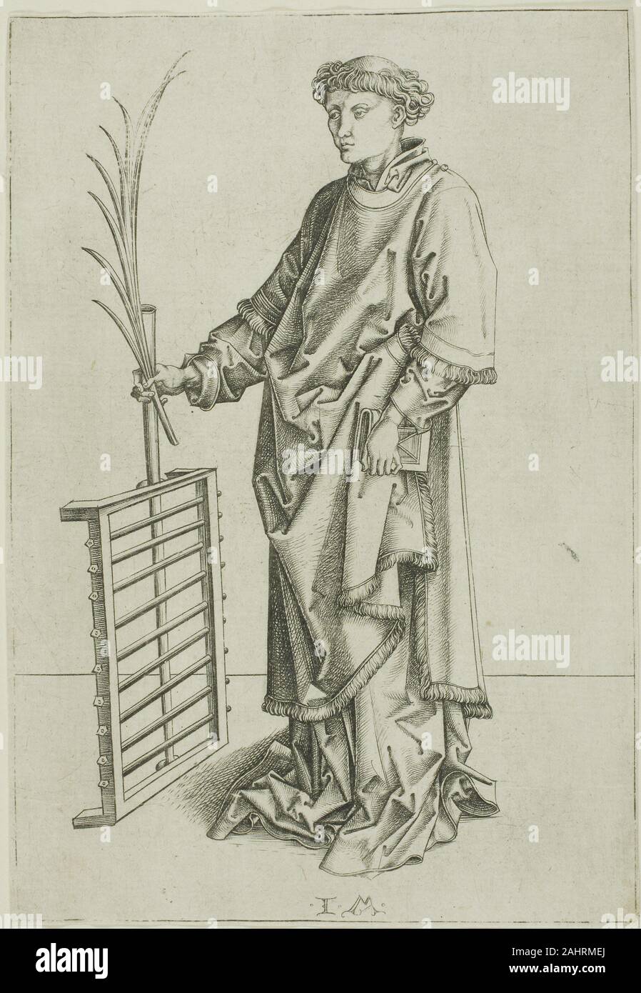 Israhel van Meckenem, der Jüngere. St. Laurence. 1465 - 1503. Deutschland. Gravur in Schwarz auf Elfenbein Bütten Stockfoto