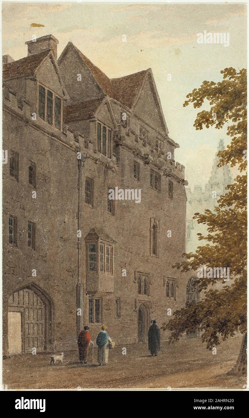 Friedrich MacKenzie. Alte Magdalen Hall aus dem Kies entfernt Brannte A.D.. 1815 - 1816. England. Aquarell, mit Feder und Tinte, selektiv braun lackiert, auf Creme webte Papier, unten auf Elfenbein webte Papier festgelegt Stockfoto