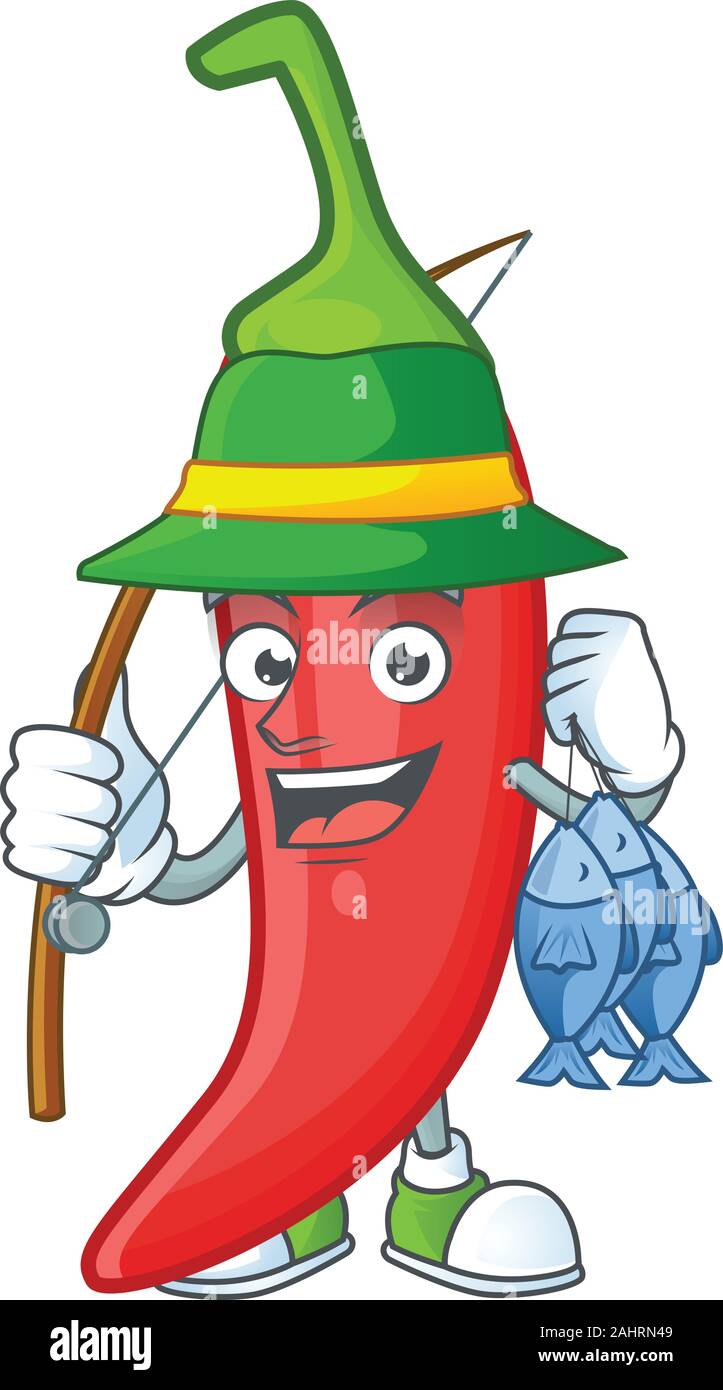 Fröhliches Gesicht Angeln roter Chili Maskottchen design Stock Vektor