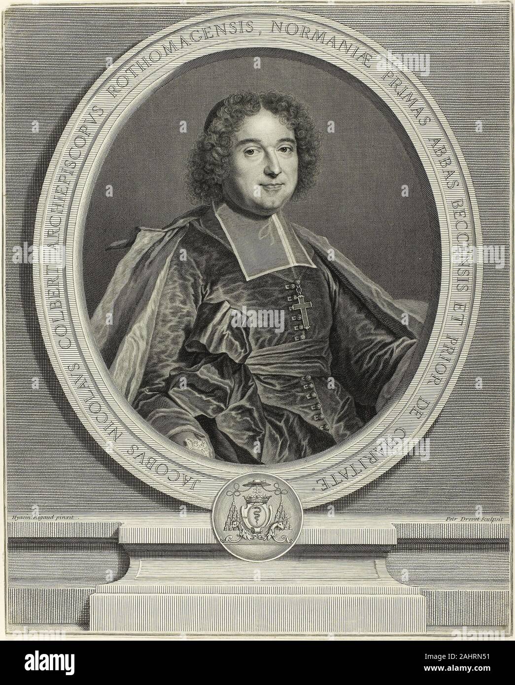 Pierre Drevet. Portrait von Jacques Nicolas Colbert, Erzbischof von Rouen. 1699 - 1700. Frankreich. Gravur auf Elfenbein Bütten Stockfoto