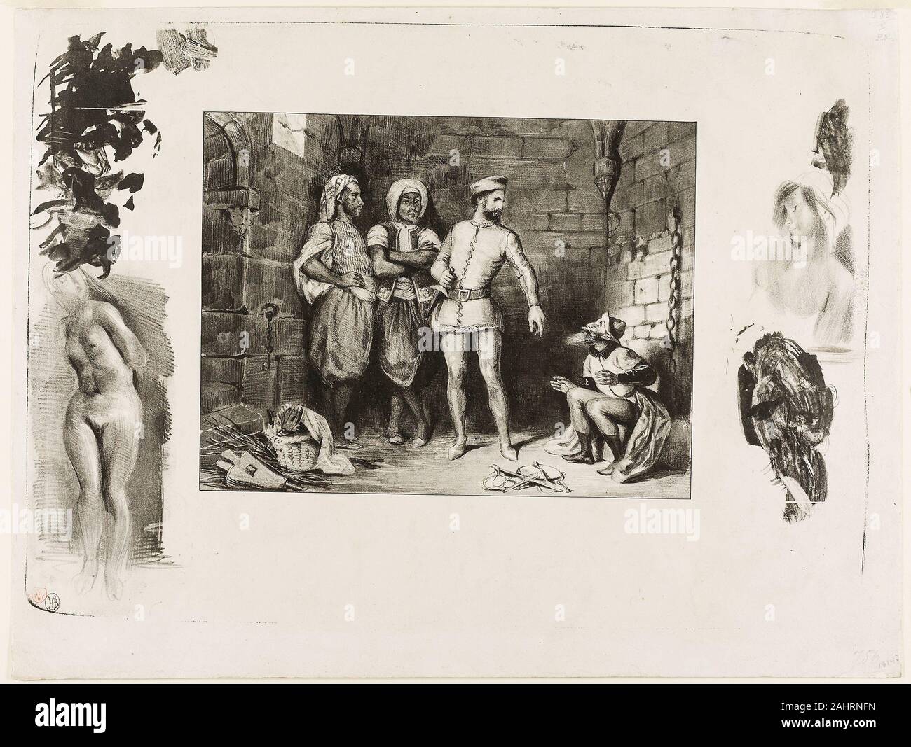 Eugène Delacroix. Fronte-Boeuf und der Jude, von Ivanhoe. 1829. Frankreich. Lithographie in Schwarz auf Weiß webte Papier Stockfoto