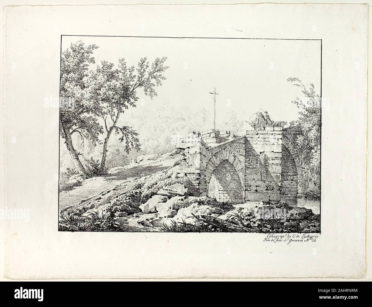 Achille Ätna Michallon. Landschaft mit Brücke. 1817. Frankreich. Lithographie in Schwarz auf Elfenbein webte Papier Stockfoto