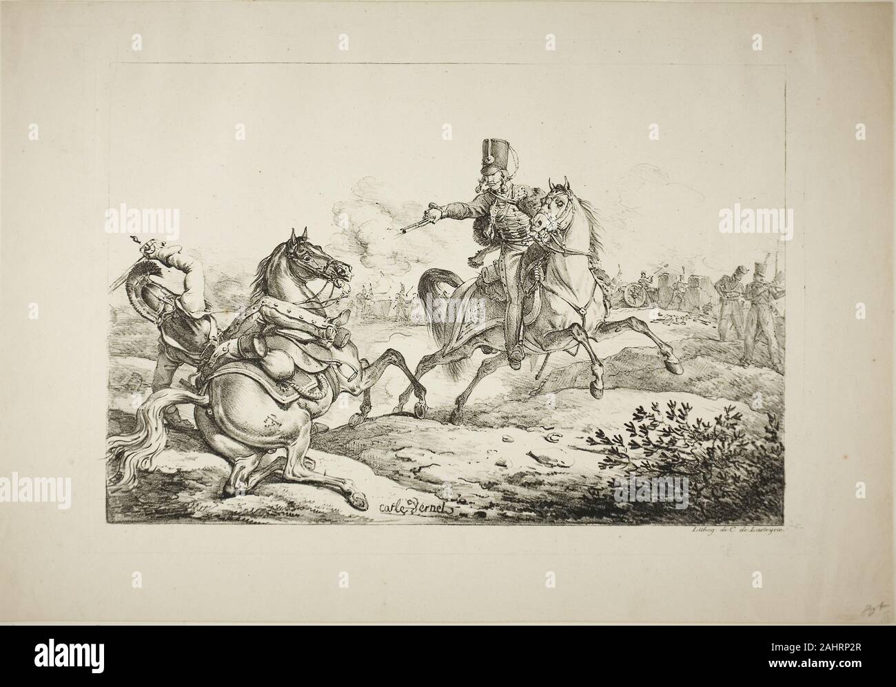 Carle Vernet. Husar Entladen seine Pistole an einer deutschen Dragoon. 1817. Frankreich. Lithographie in Schwarz auf Elfenbein webte Papier Stockfoto