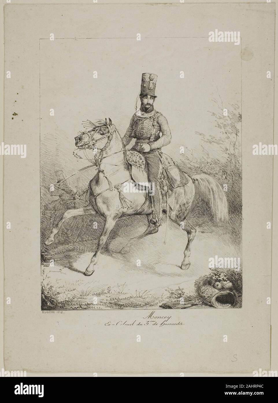Eugène Louis Lami. Moncey, Ex-Oberst des dritten Husarenregiment. 1818. Frankreich. Lithographie in Schwarz auf Elfenbein webte Papier Stockfoto