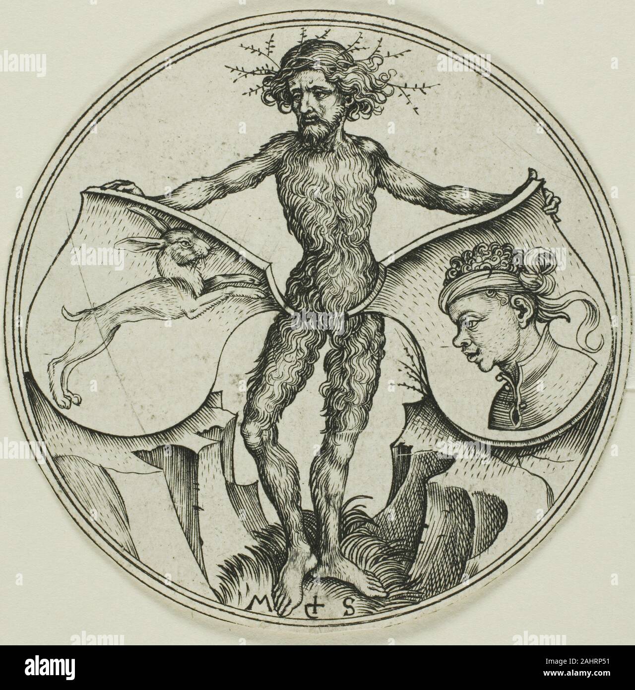 Martin Schongauer. Zwei Schilder mit einem Hasen und einem Mauren Kopf, gehalten von einem wilden Menschen. 1480 - 1490. Deutschland. Gravur in Schwarz auf Elfenbein Bütten Schongauer kann seine zehn Wappen in roundels als Familienwappen für Mittelstand eher als der Adel produziert haben. Die teilweise leere Bereiche der Schilder und die phantasievollen Figuren halten Sie deuten darauf hin, dass die Werke nicht ausschließlich für Familien der hoch stehende gemacht konnte aber einzeln gekauft wurden und mit anderen Familie Embleme weit verbreitet zu sein. Die Darstellung dieser Wald - Wohnung wilde Mann, aber die Glieder ineinander hangend in vi Stockfoto