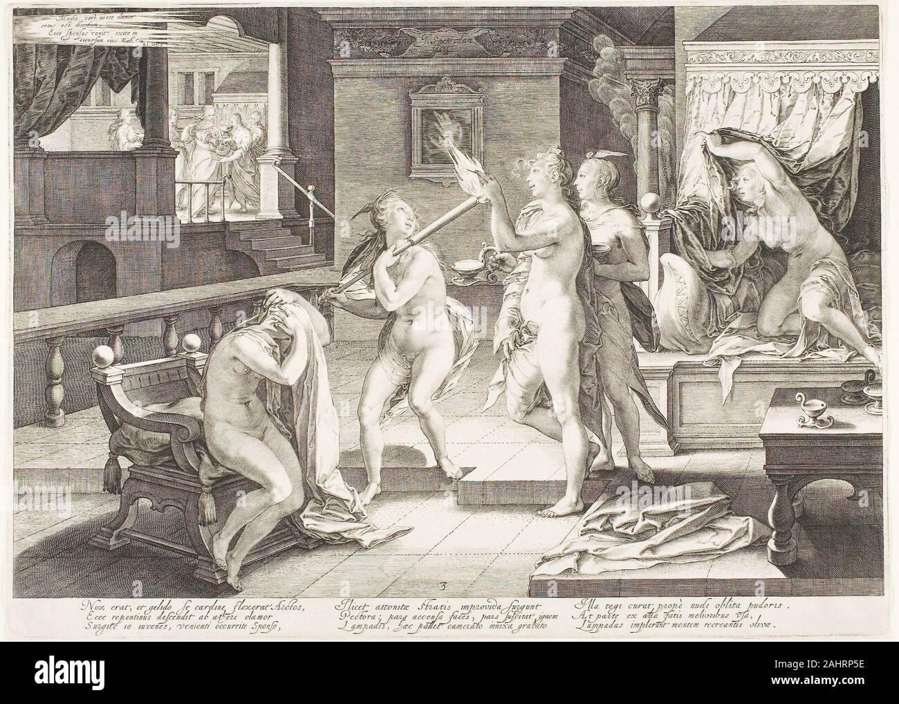 Jan Saenredam. Platte drei von fünf klugen und fünf dummen Jungfrauen. 1606. Niederlande. Gravur auf Papier Stockfoto